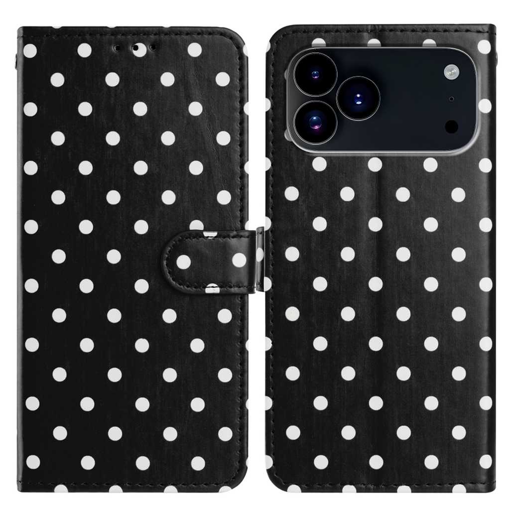 For iPhone 17 Pro Max Leather Case Polka Dot Pattern Wallet Stand Folio Phone Cover - Black