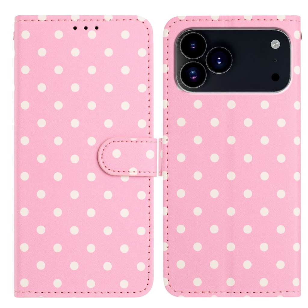 For iPhone 17 Pro Leather Case Polka Dot Pattern Wallet Stand Folio Phone Cover - Pink