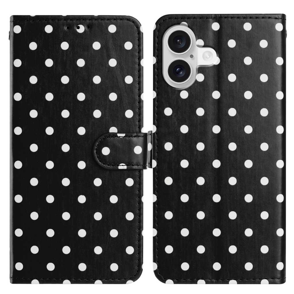 For iPhone 16 Leather Case Polka Dot Pattern Wallet Stand Folio Phone Cover - Black
