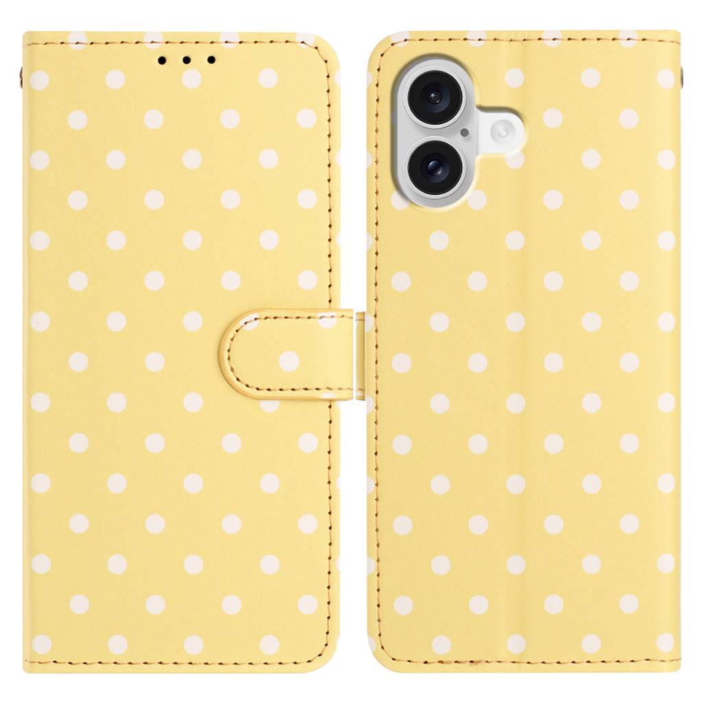 For iPhone 16 Leather Case Polka Dot Pattern Wallet Stand Folio Phone Cover - Yellow