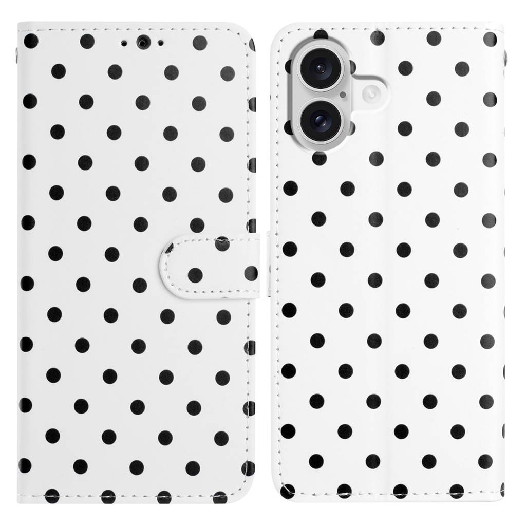 For iPhone 16 Leather Case Polka Dot Pattern Wallet Stand Folio Phone Cover - White