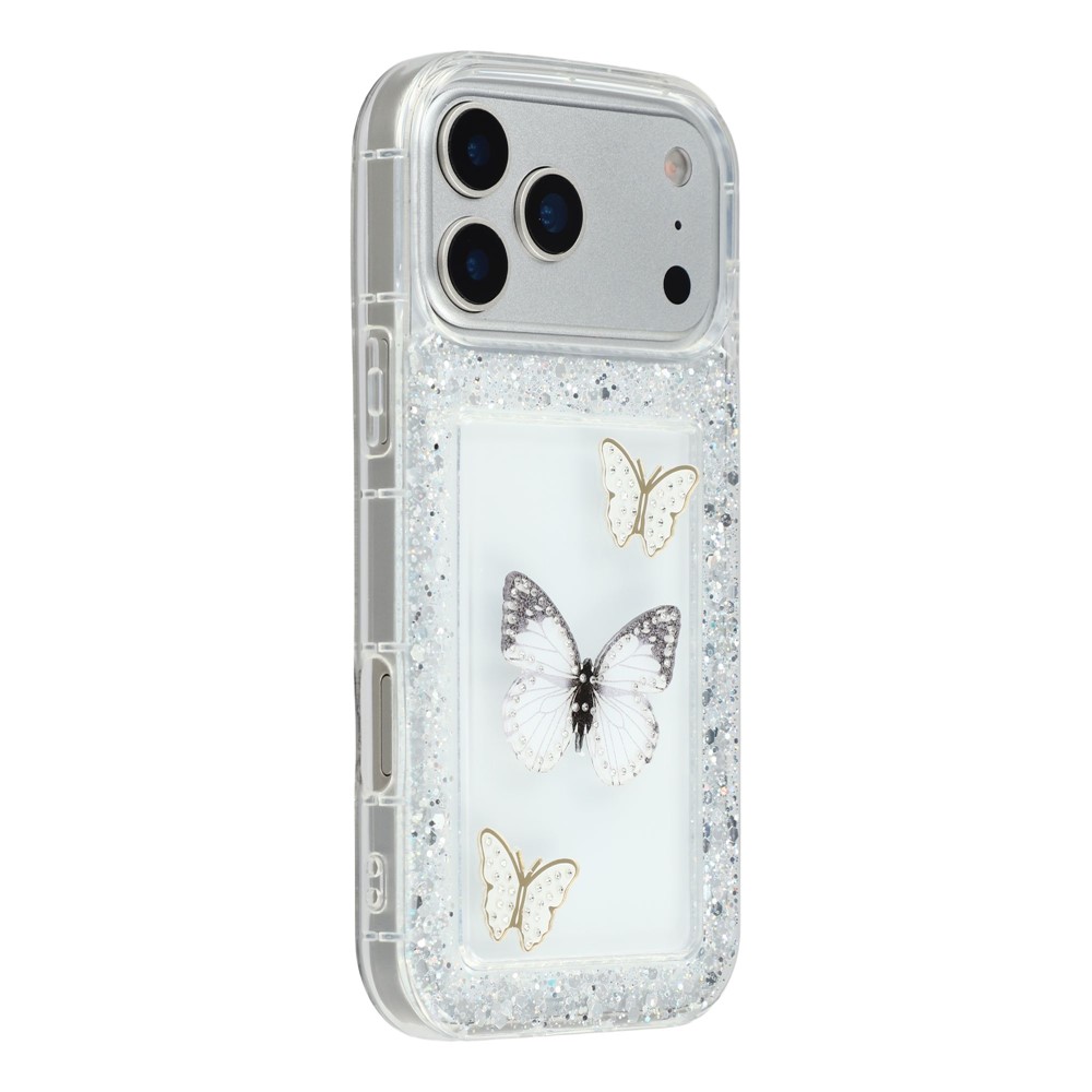 For iPhone 17 Pro Max Case DIY Butterfly Glitter Epoxy Soft TPU Phone Back Cover - White