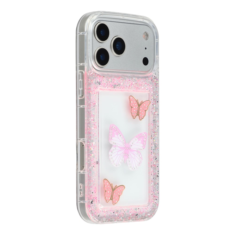 For iPhone 17 Pro Case DIY Butterfly Glitter Epoxy Soft TPU Phone Back Cover - Pink