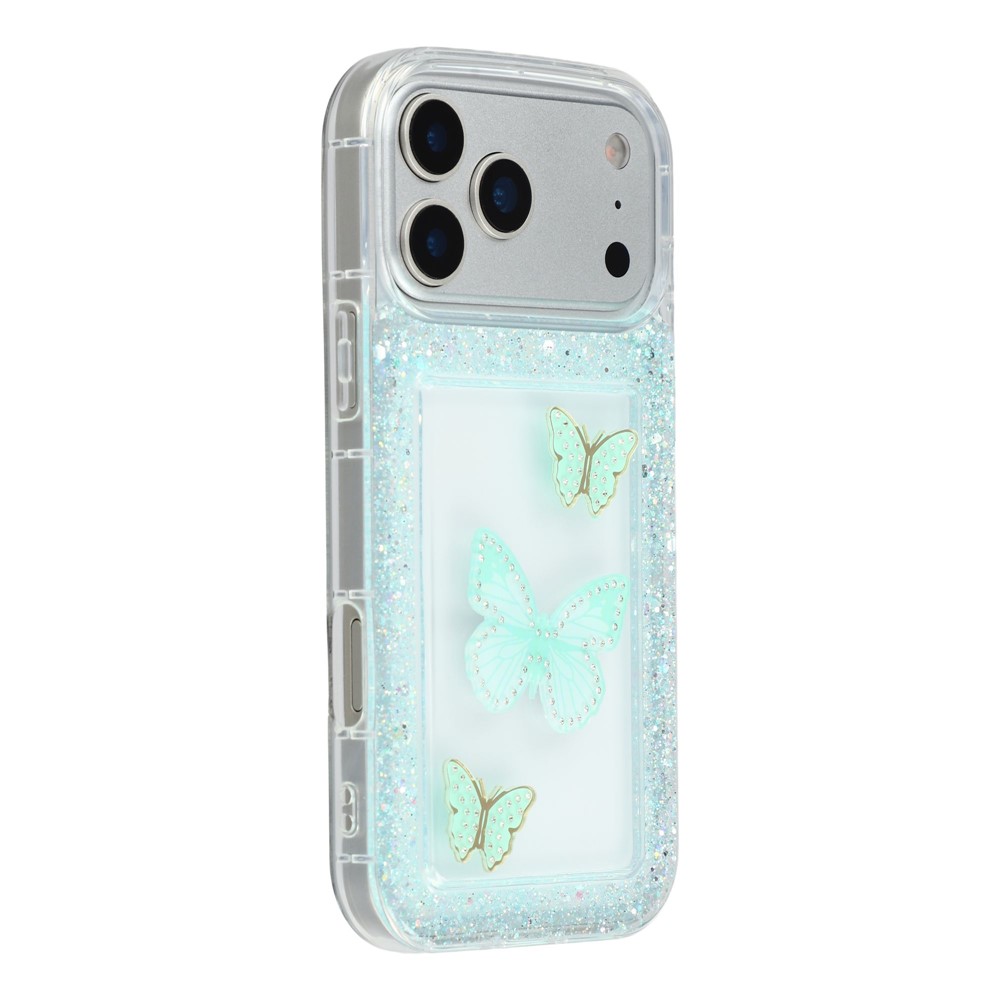 For iPhone 17 Pro Case DIY Butterfly Glitter Epoxy Soft TPU Phone Back Cover - Green