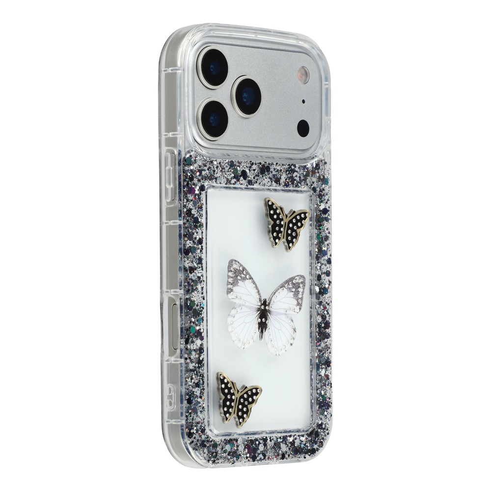 For iPhone 17 Pro Case DIY Butterfly Glitter Epoxy Soft TPU Phone Back Cover - Black