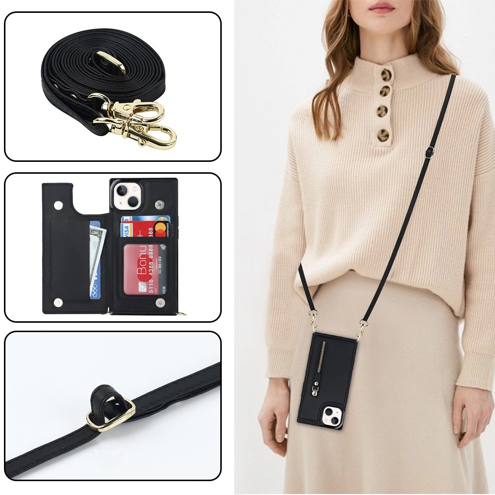 For iPhone 14 Plus Zipper Pocket Kickstand Design Protective Cover Dual Magnetic Buttons PU Leather Coated TPU Phone Case with Shoulder Strap - Black-11
