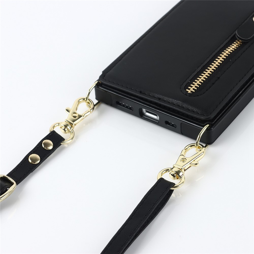 For iPhone 14 Plus Zipper Pocket Kickstand Design Protective Cover Dual Magnetic Buttons PU Leather Coated TPU Phone Case with Shoulder Strap - Black-12