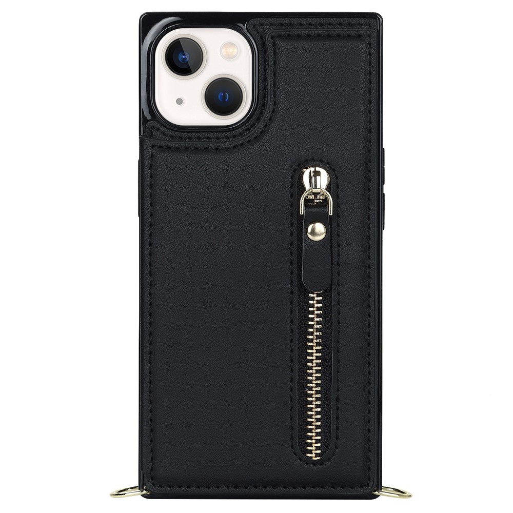 For iPhone 14 Plus Zipper Pocket Kickstand Design Protective Cover Dual Magnetic Buttons PU Leather Coated TPU Phone Case with Shoulder Strap - Black-13