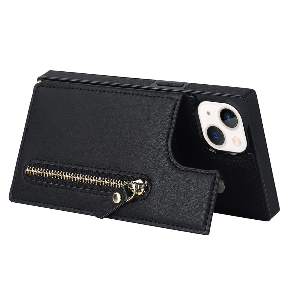 For iPhone 14 Plus Zipper Pocket Kickstand Design Protective Cover Dual Magnetic Buttons PU Leather Coated TPU Phone Case with Shoulder Strap - Black-2