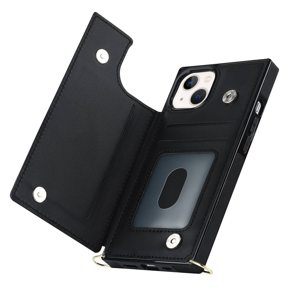 For iPhone 14 Plus Zipper Pocket Kickstand Design Protective Cover Dual Magnetic Buttons PU Leather Coated TPU Phone Case with Shoulder Strap - Black-3