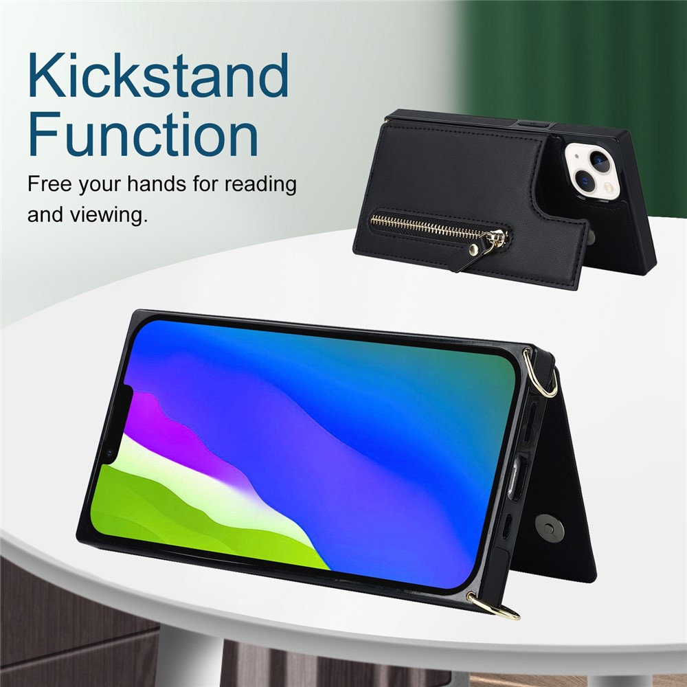 For iPhone 14 Plus Zipper Pocket Kickstand Design Protective Cover Dual Magnetic Buttons PU Leather Coated TPU Phone Case with Shoulder Strap - Black-4