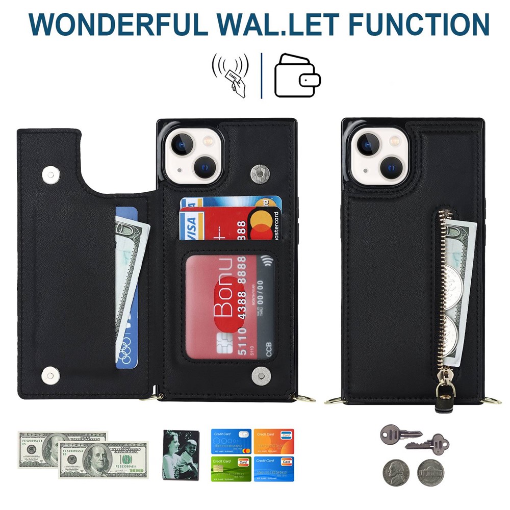 For iPhone 14 Plus Zipper Pocket Kickstand Design Protective Cover Dual Magnetic Buttons PU Leather Coated TPU Phone Case with Shoulder Strap - Black-5