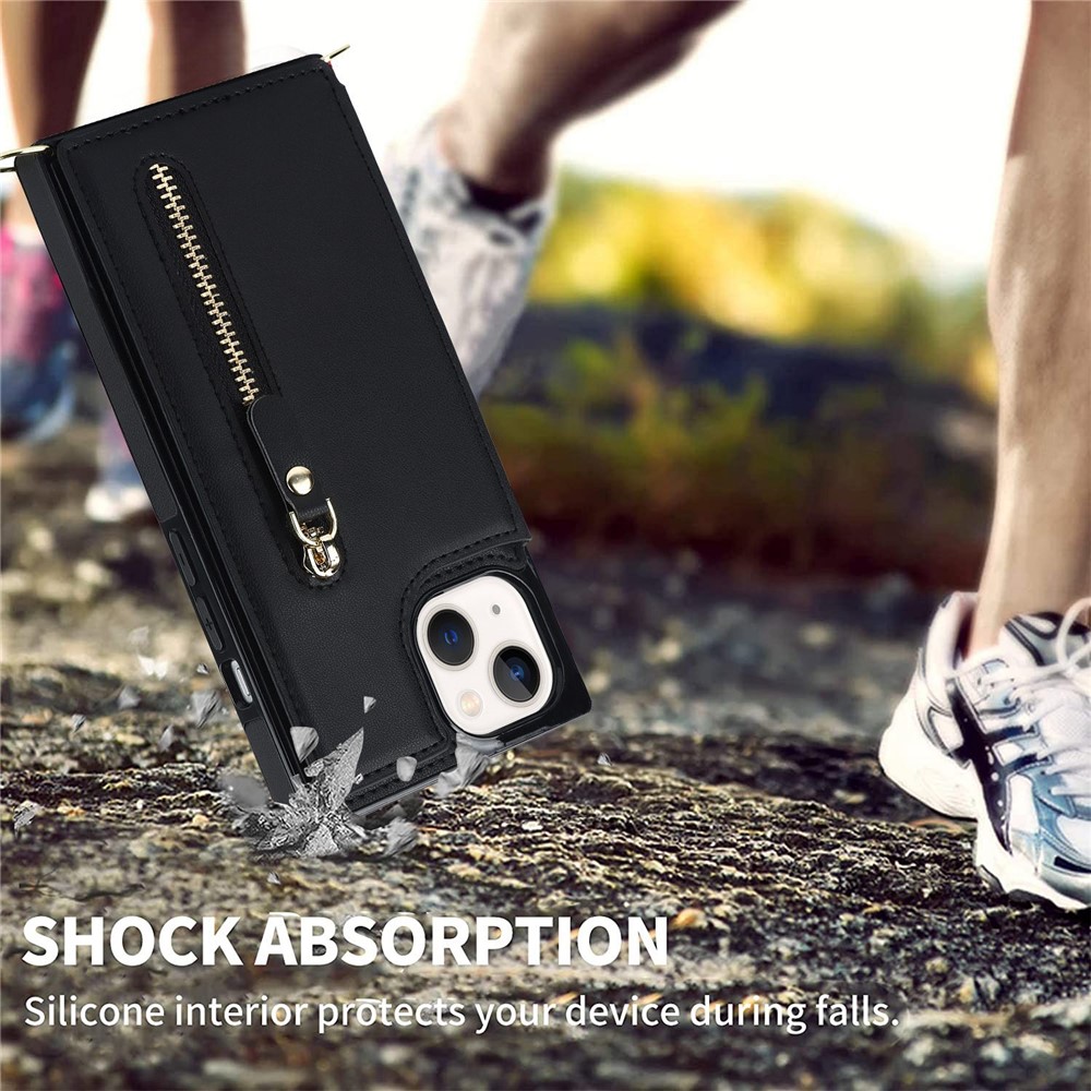 For iPhone 14 Plus Zipper Pocket Kickstand Design Protective Cover Dual Magnetic Buttons PU Leather Coated TPU Phone Case with Shoulder Strap - Black-7