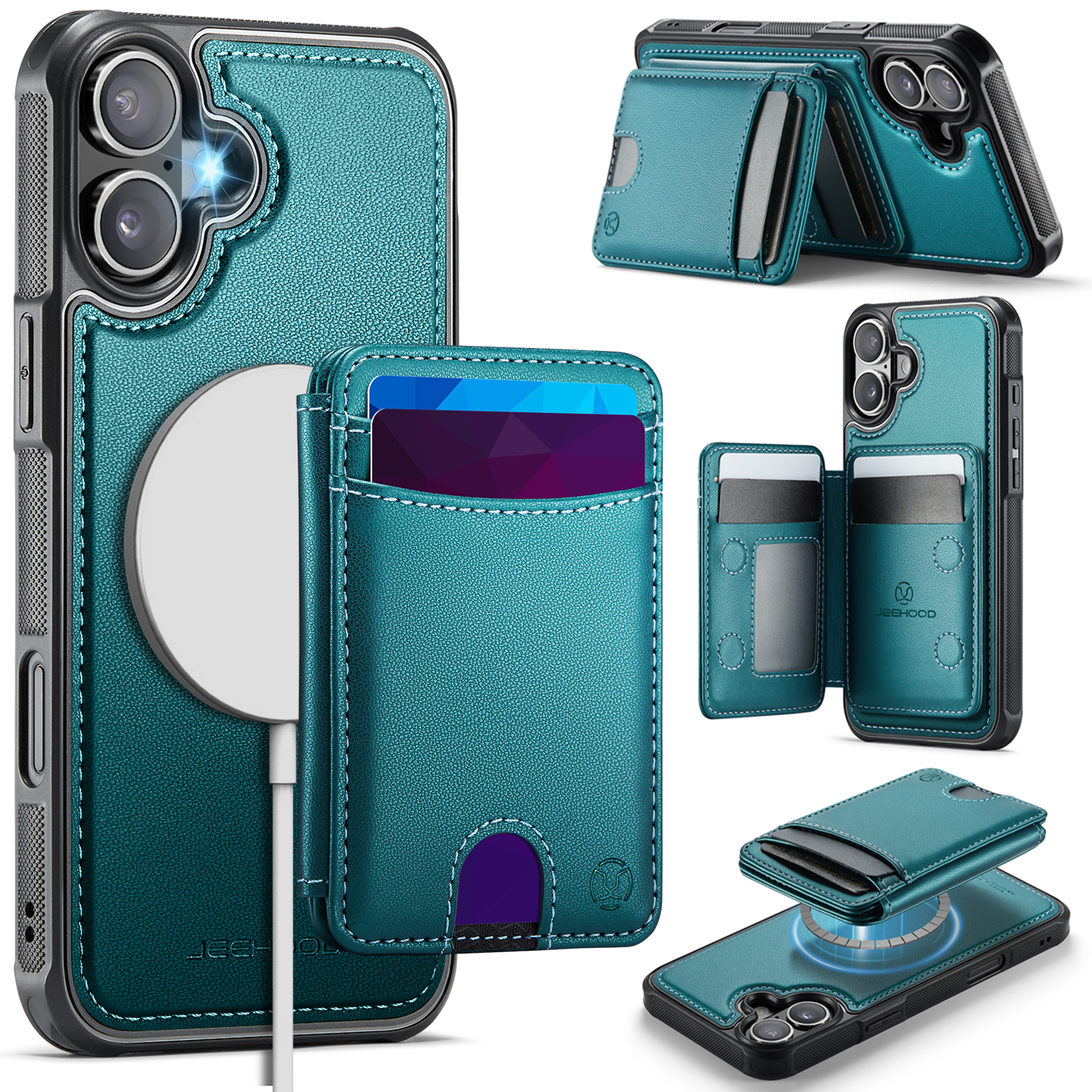 For iPhone 16 Case JEEHOOD J10  Compatible with MagSafe Leather Back Phone Cover with Detachable Card Holder Kickstand - Blue