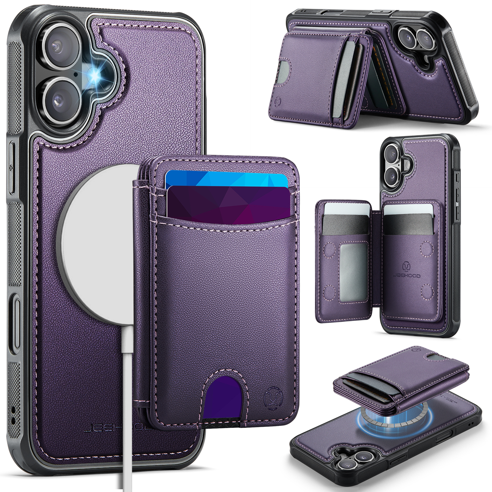 For iPhone 16 Case JEEHOOD J10  Compatible with MagSafe Leather Back Phone Cover with Detachable Card Holder Kickstand - Purple