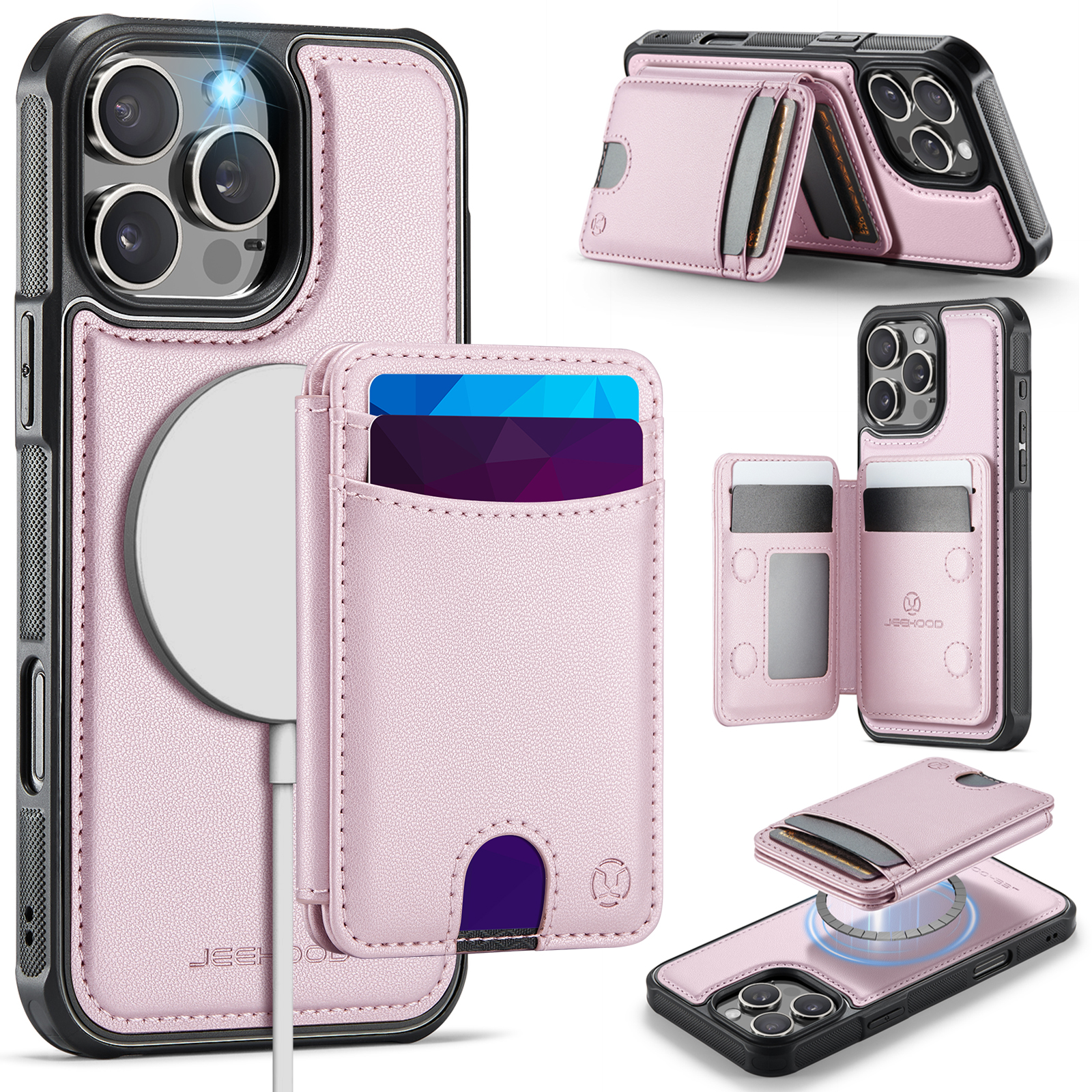 For iPhone 16 Pro Max Case JEEHOOD J10  Compatible with MagSafe Leather Back Phone Cover with Detachable Card Holder Kickstand - Pink