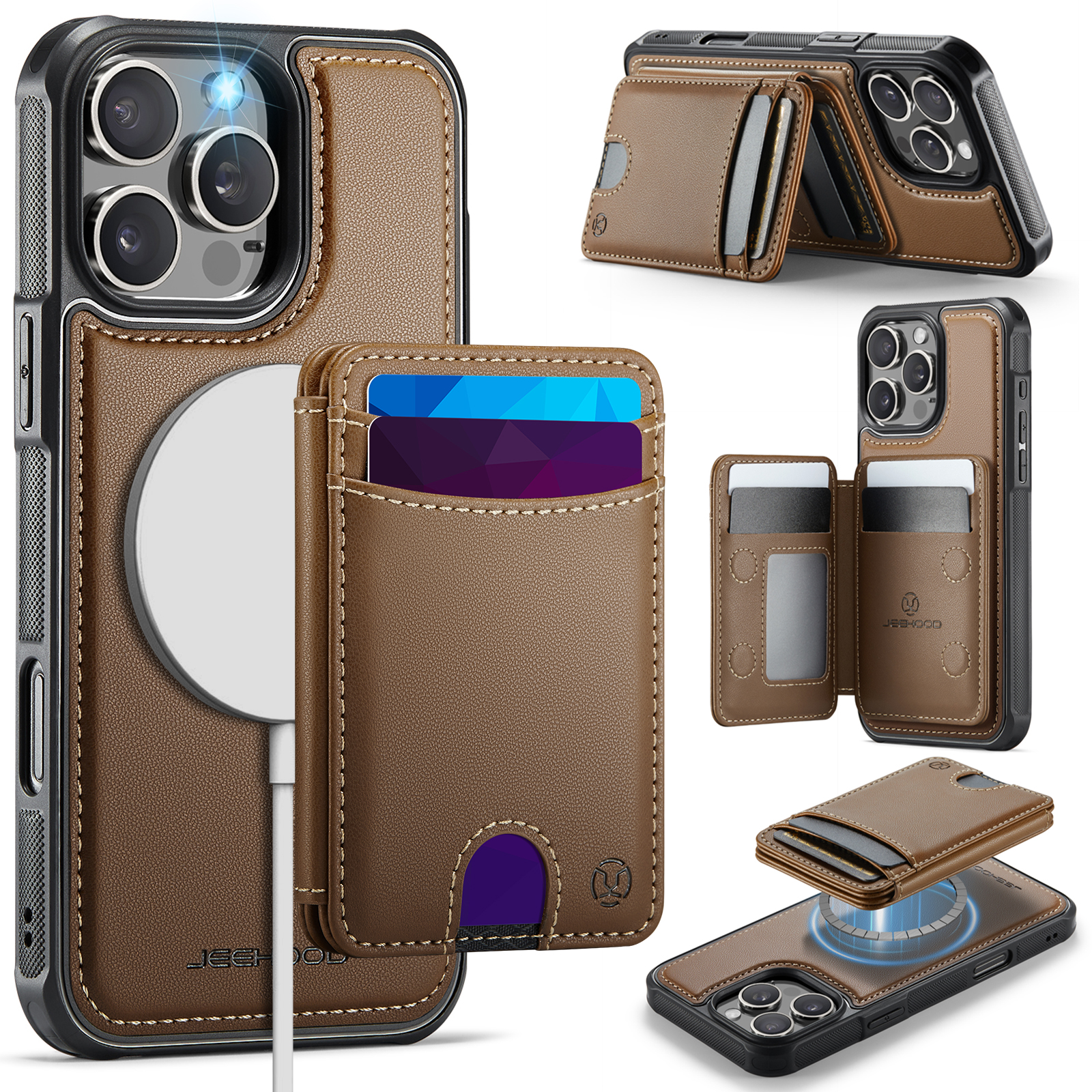 For iPhone 16 Pro Max Case JEEHOOD J10 Compatible with MagSafe Leather Back Phone Cover with Detachable Card Holder Kickstand - Brown