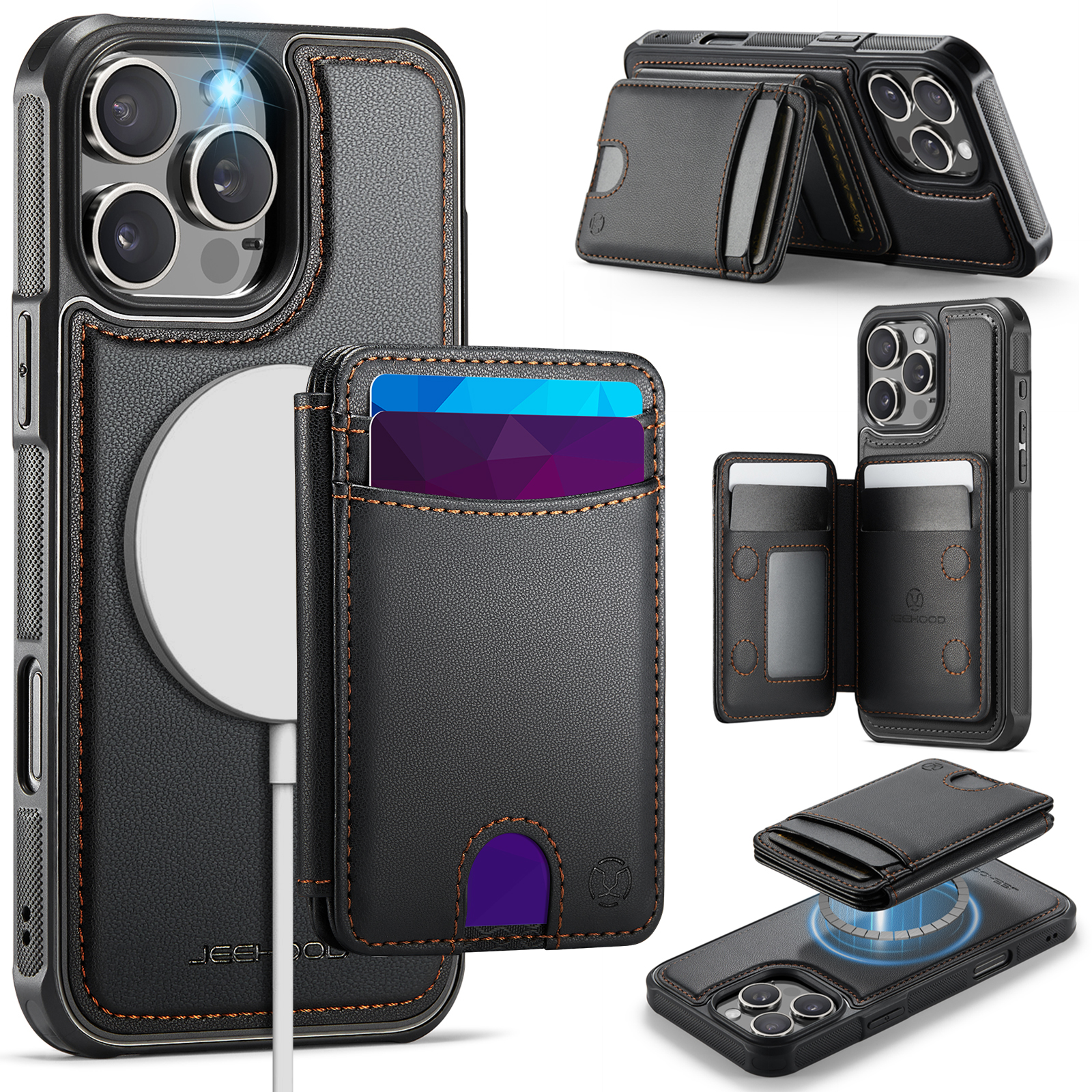 For iPhone 16 Pro Case JEEHOOD J10  Compatible with MagSafe Leather Back Phone Cover with Detachable Card Holder Kickstand - Black