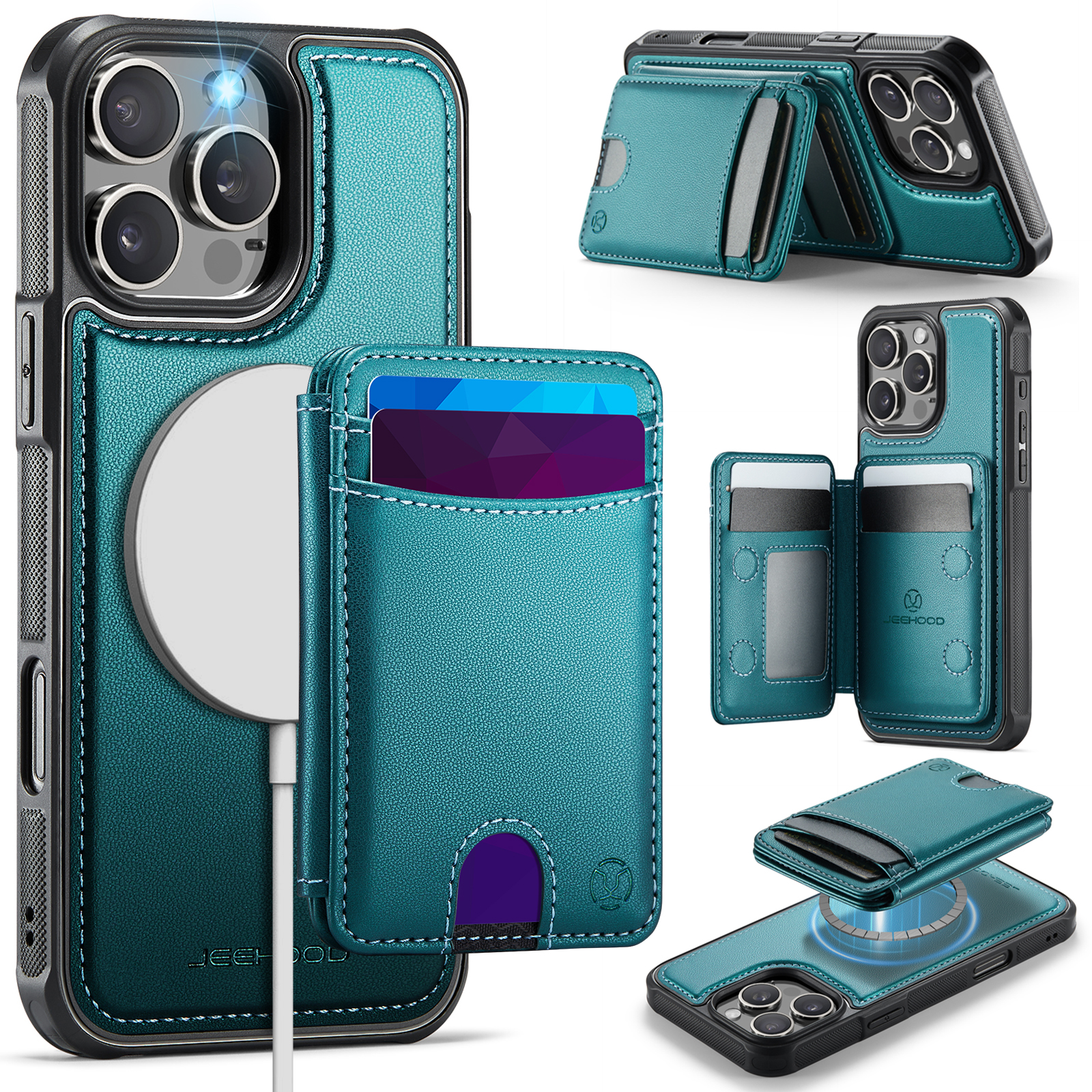 For iPhone 16 Pro Case JEEHOOD J10  Compatible with MagSafe Leather Back Phone Cover with Detachable Card Holder Kickstand - Blue