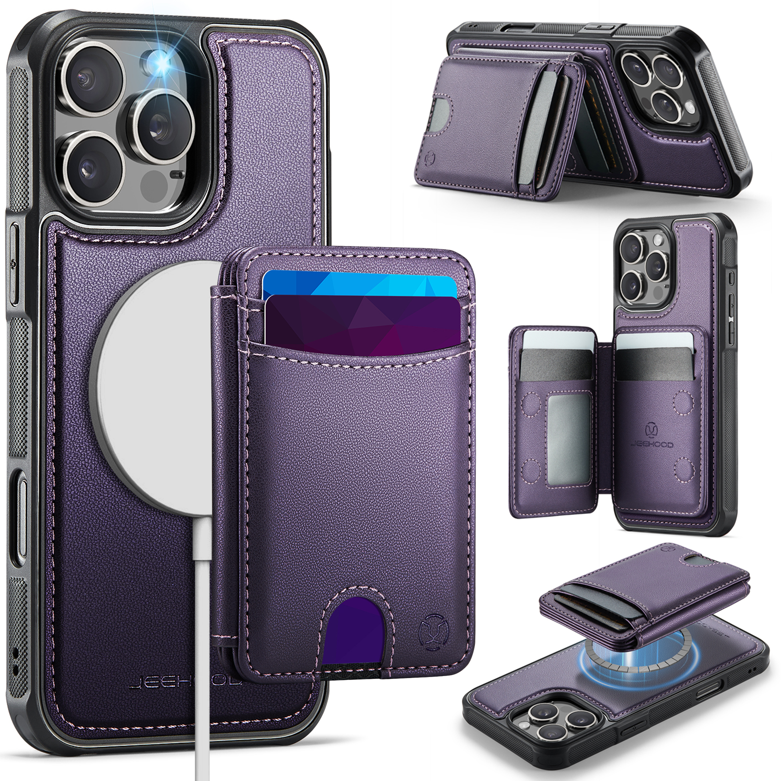 For iPhone 16 Pro Case JEEHOOD J10  Compatible with MagSafe Leather Back Phone Cover with Detachable Card Holder Kickstand - Purple
