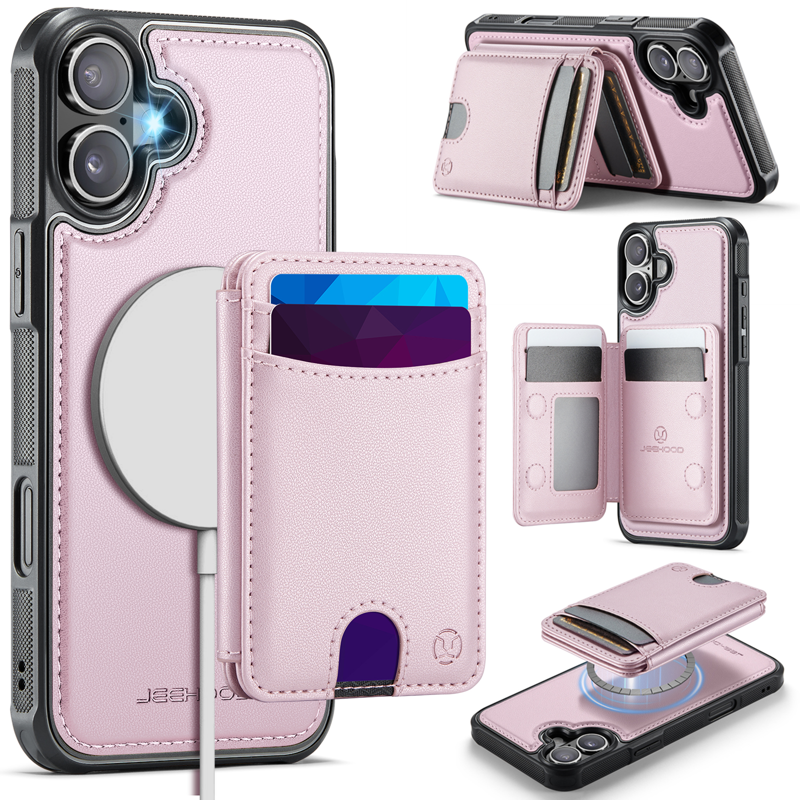 For iPhone 16 Plus Case JEEHOOD J10  Compatible with MagSafe Leather Back Phone Cover with Detachable Card Holder Kickstand - Pink