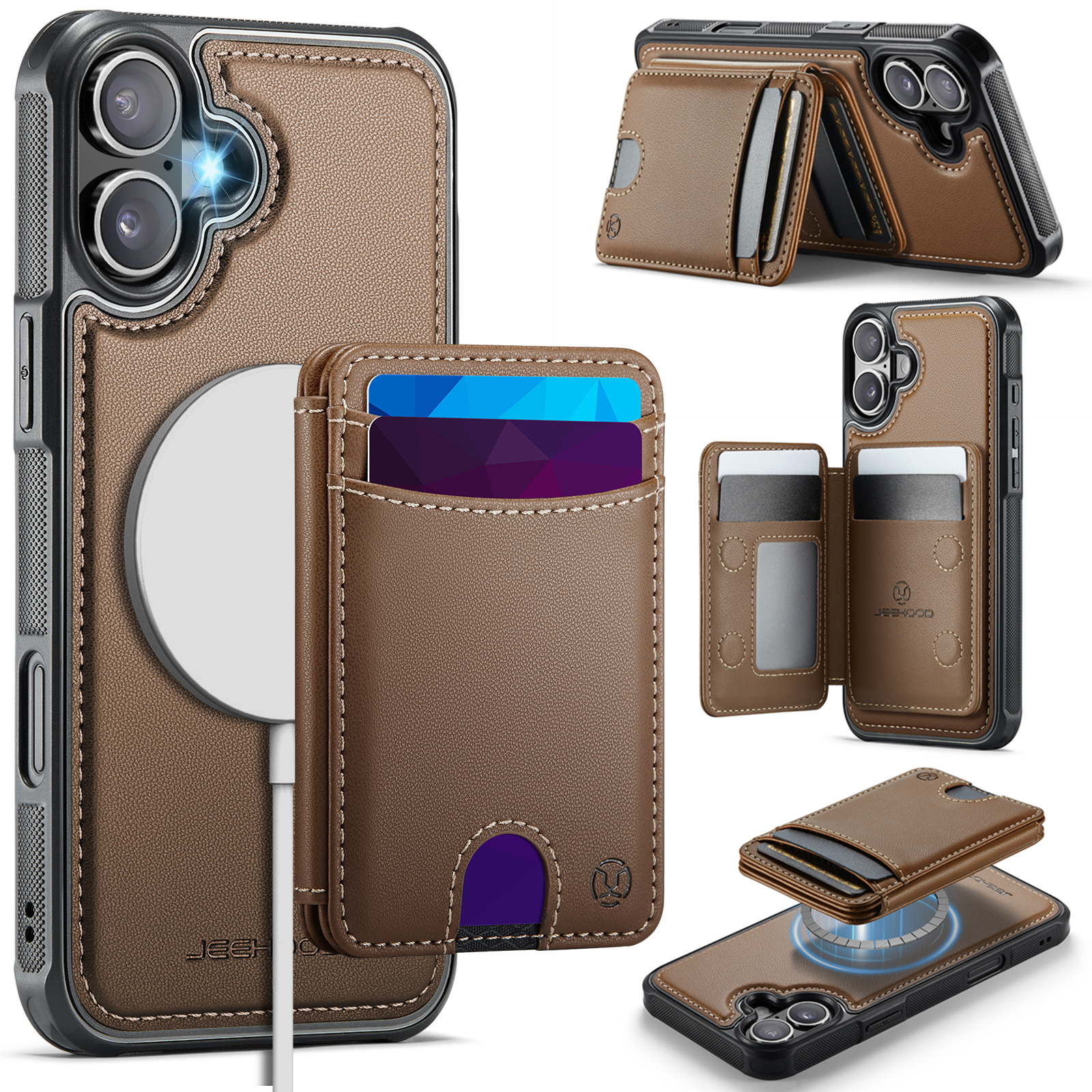 For iPhone 16 Plus Case JEEHOOD J10 Compatible with MagSafe Leather Back Phone Cover with Detachable Card Holder Kickstand - Brown