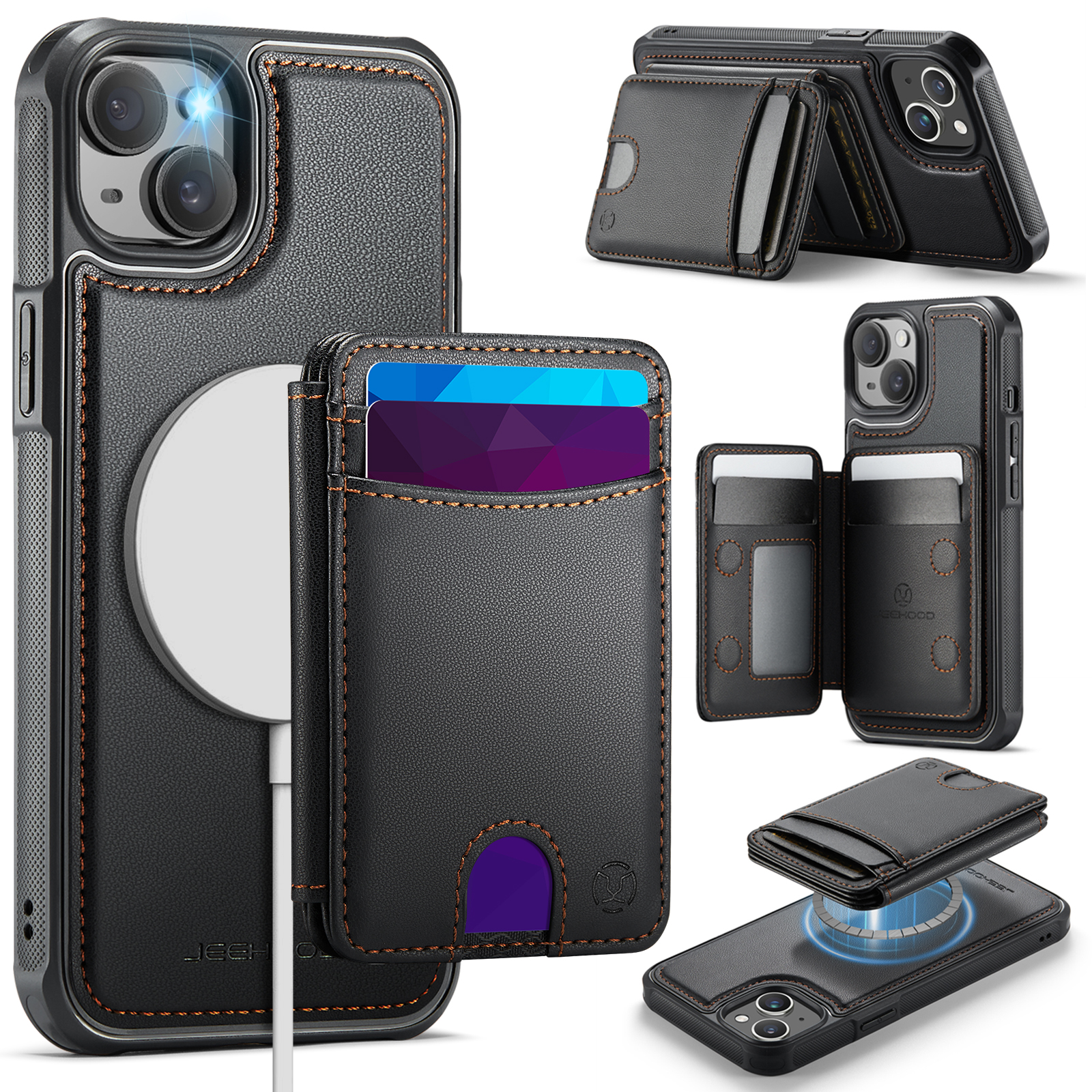 For iPhone 15 Case JEEHOOD J10 Compatible with MagSafe Leather Back Phone Cover with Detachable Card Holder Kickstand - Black