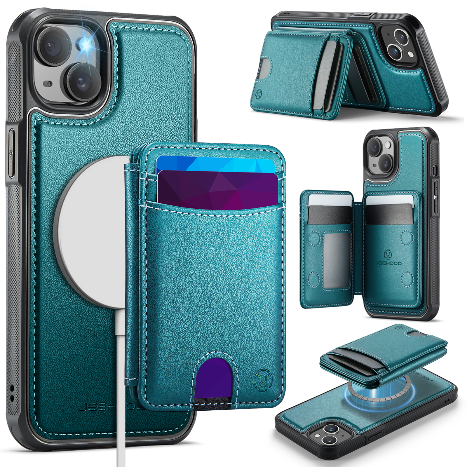 For iPhone 15 Case JEEHOOD J10 Compatible with MagSafe Leather Back Phone Cover with Detachable Card Holder Kickstand - Blue