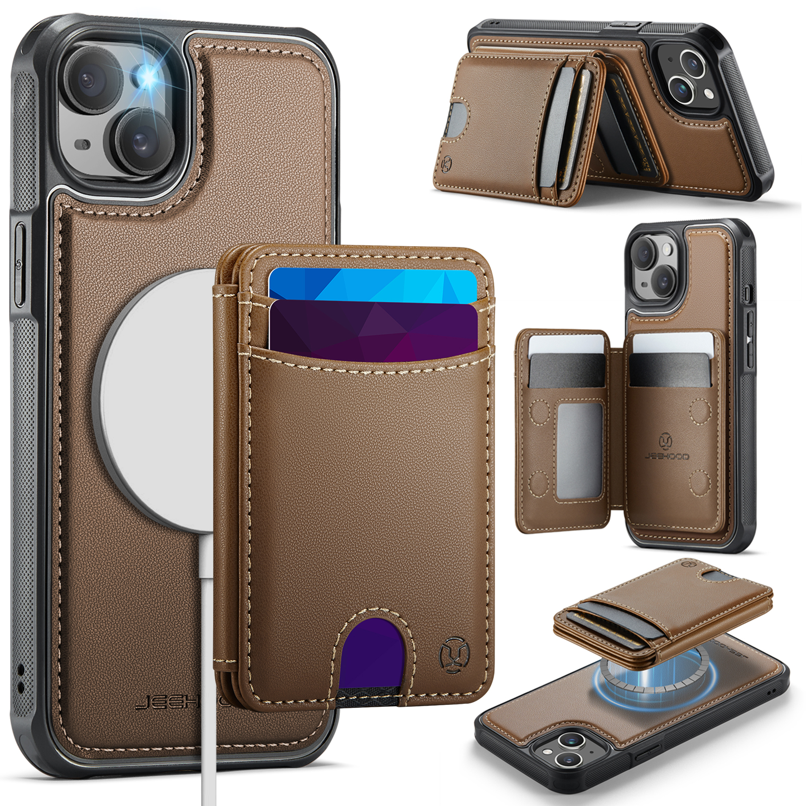 For iPhone 14 Plus Case JEEHOOD J10  Compatible with MagSafe Leather Back Phone Cover with Detachable Card Holder Kickstand - Brown
