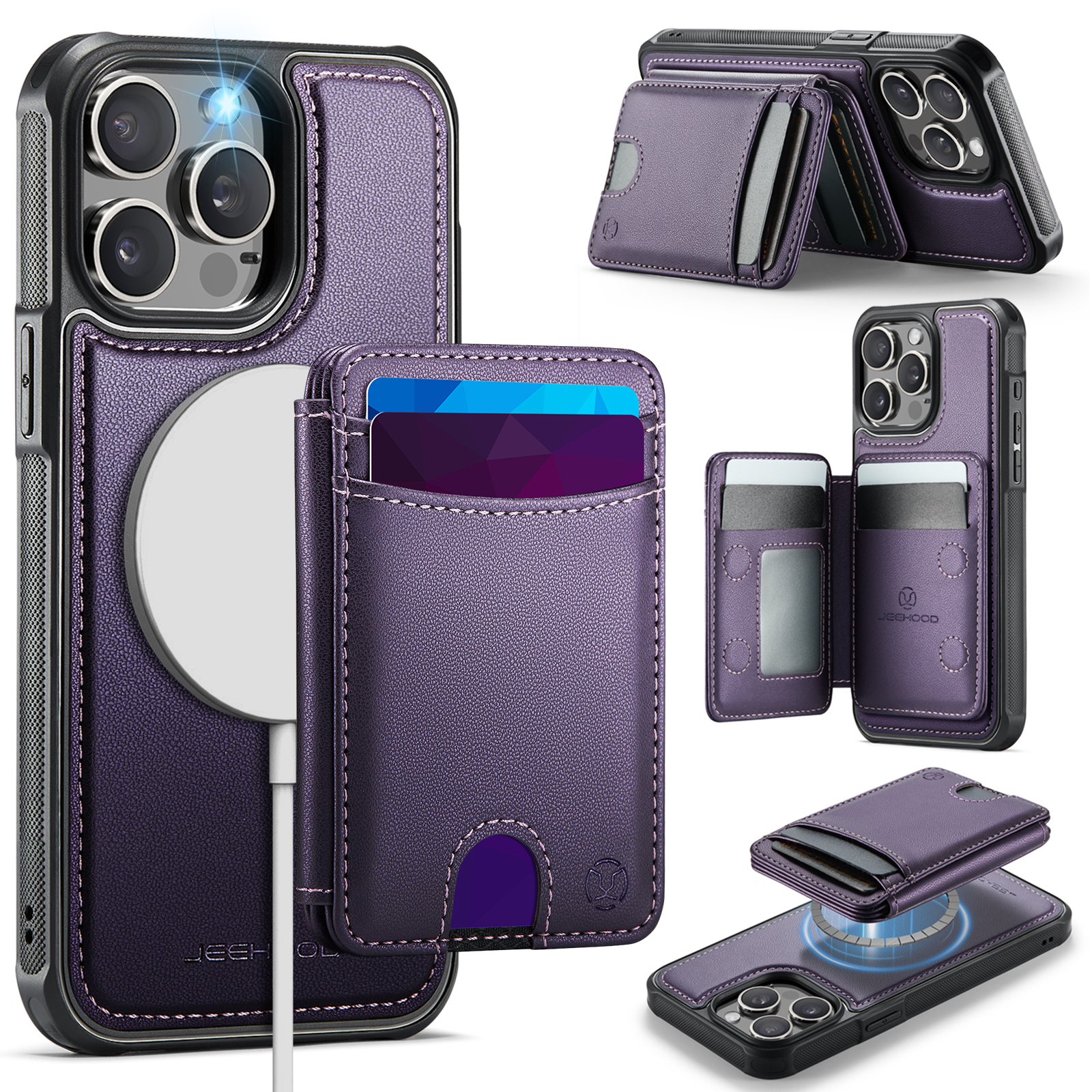For iPhone 15 Pro Max Case JEEHOOD J10  Compatible with MagSafe Leather Back Phone Cover with Detachable Card Holder Kickstand - Purple