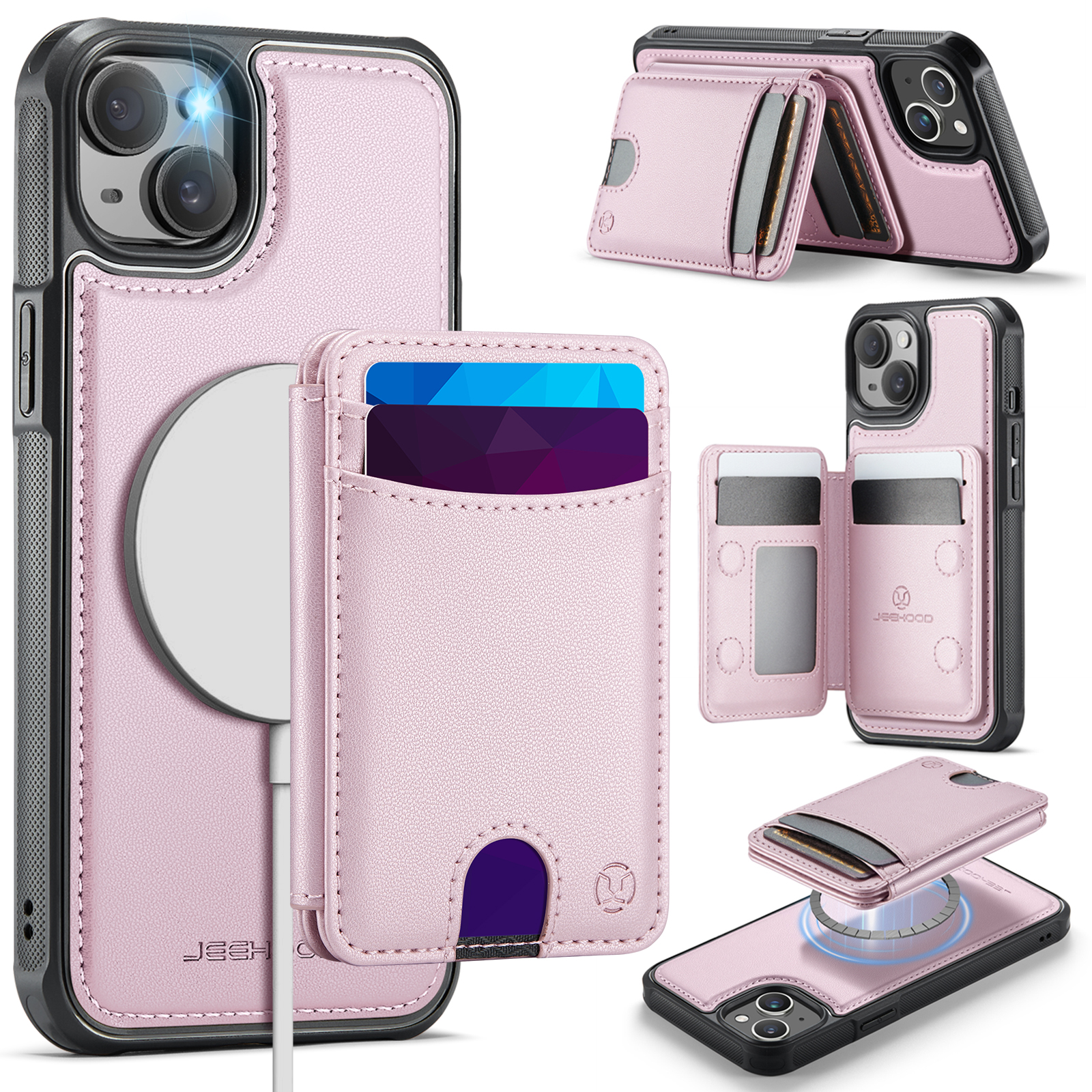 For iPhone 14 Case JEEHOOD J10 Compatible with MagSafe Leather Back Phone Cover with Detachable Card Holder Kickstand - Pink