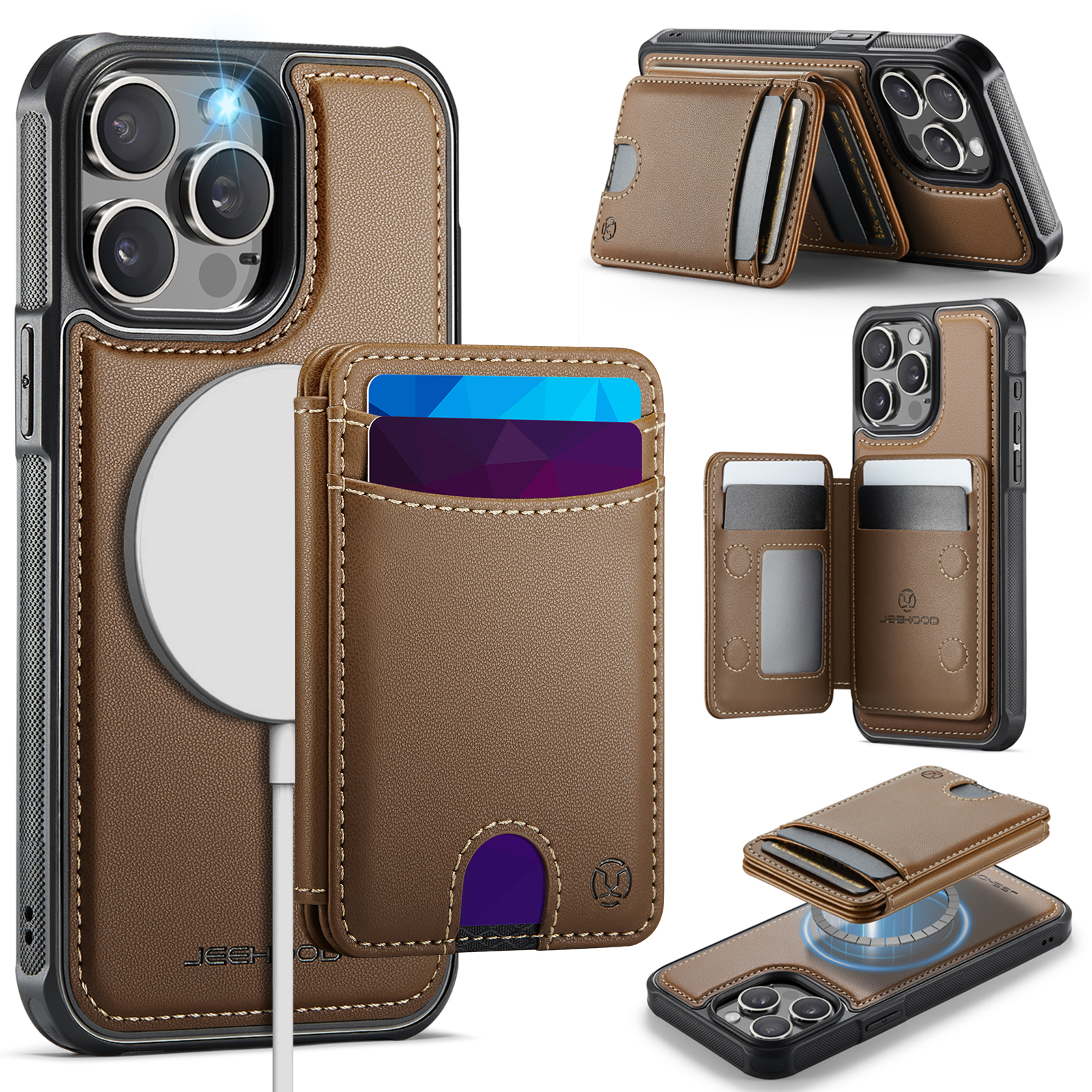 For iPhone 14 Pro Case JEEHOOD J10 Compatible with MagSafe Leather Back Phone Cover with Detachable Card Holder Kickstand - Brown