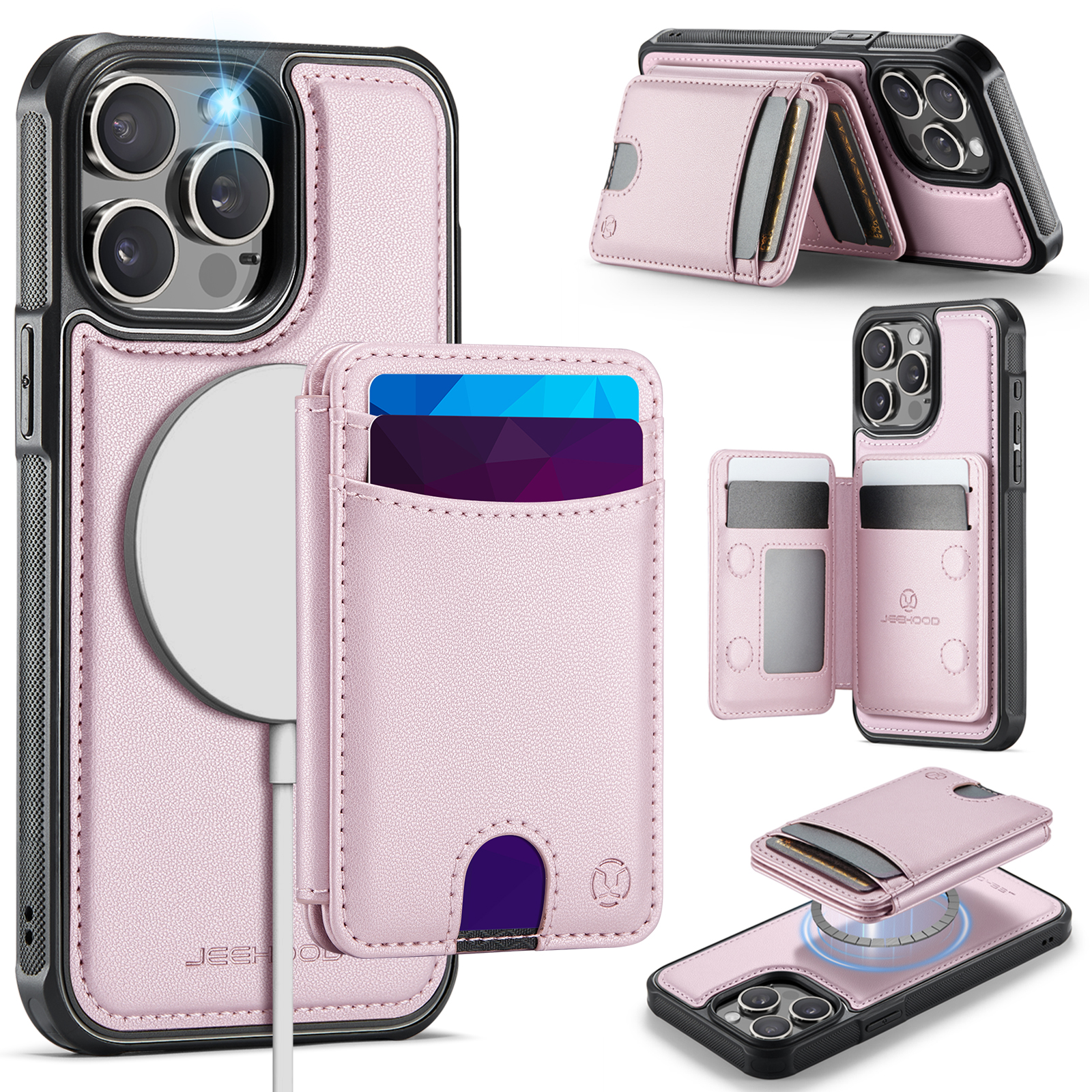 For iPhone 14 Pro Case JEEHOOD J10 Compatible with MagSafe Leather Back Phone Cover with Detachable Card Holder Kickstand - Pink