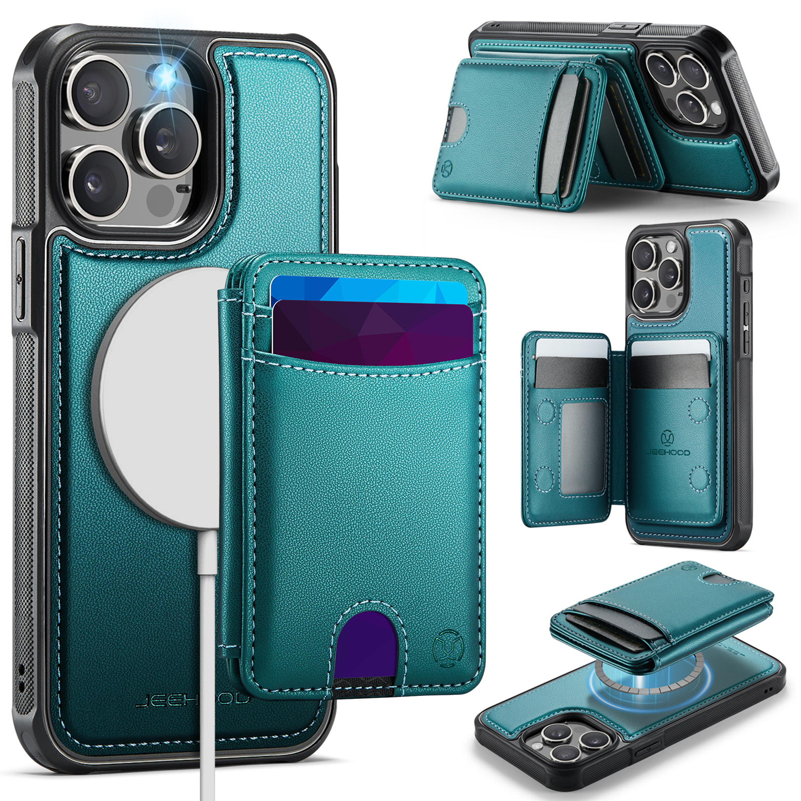 For iPhone 14 Pro Max Case JEEHOOD J10  Compatible with MagSafe Leather Back Phone Cover with Detachable Card Holder Kickstand - Blue