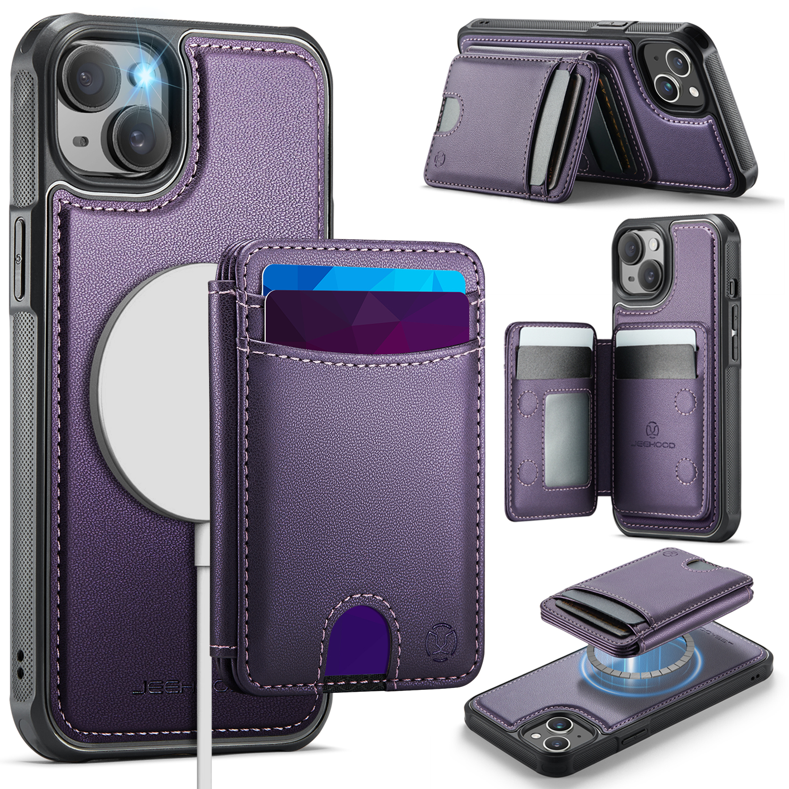 For iPhone 13 6.1 inch Case JEEHOOD J10  Compatible with MagSafe Leather Back Phone Cover with Detachable Card Holder Kickstand - Purple