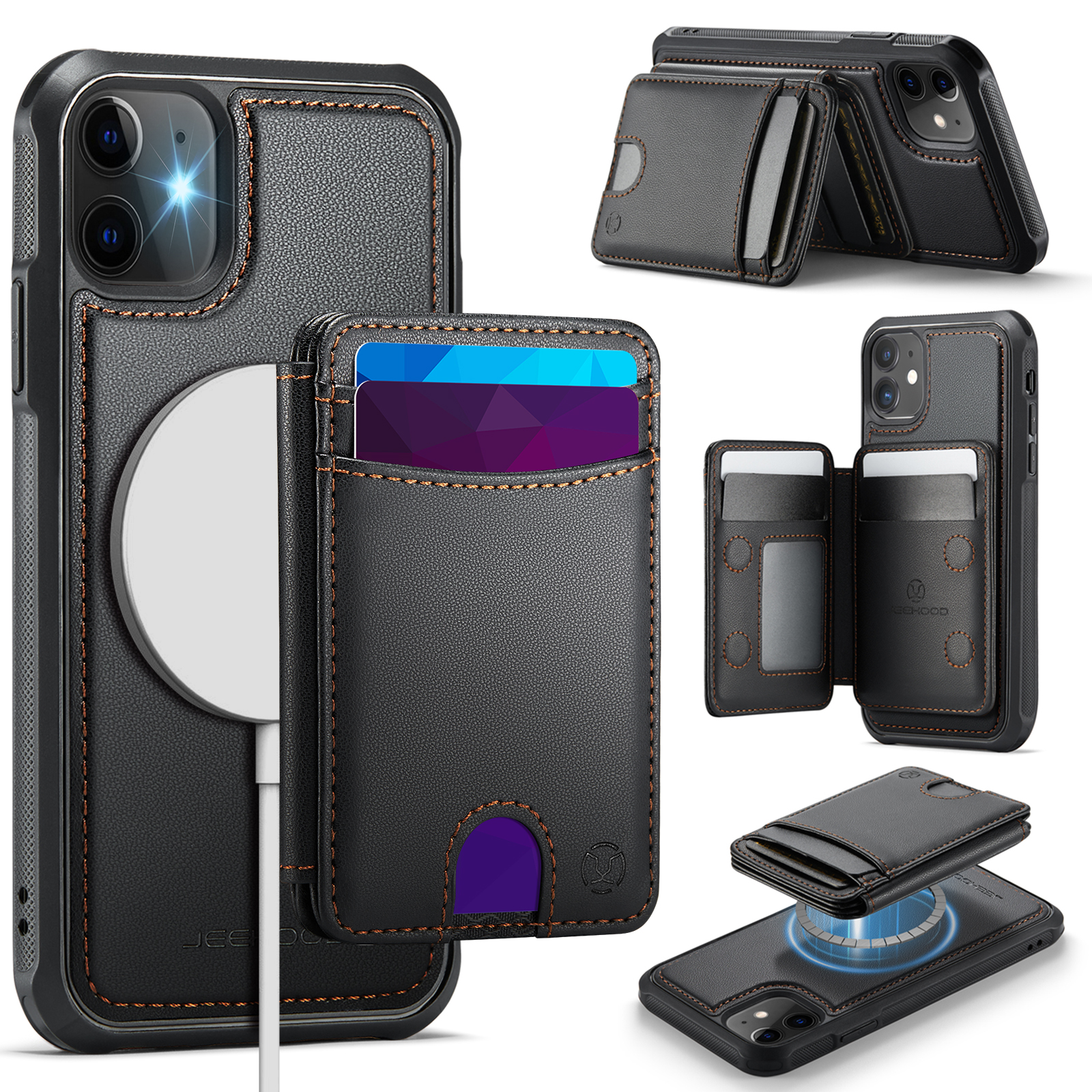 For iPhone 11 Case JEEHOOD J10  Compatible with MagSafe Leather Back Phone Cover with Detachable Card Holder Kickstand - Black