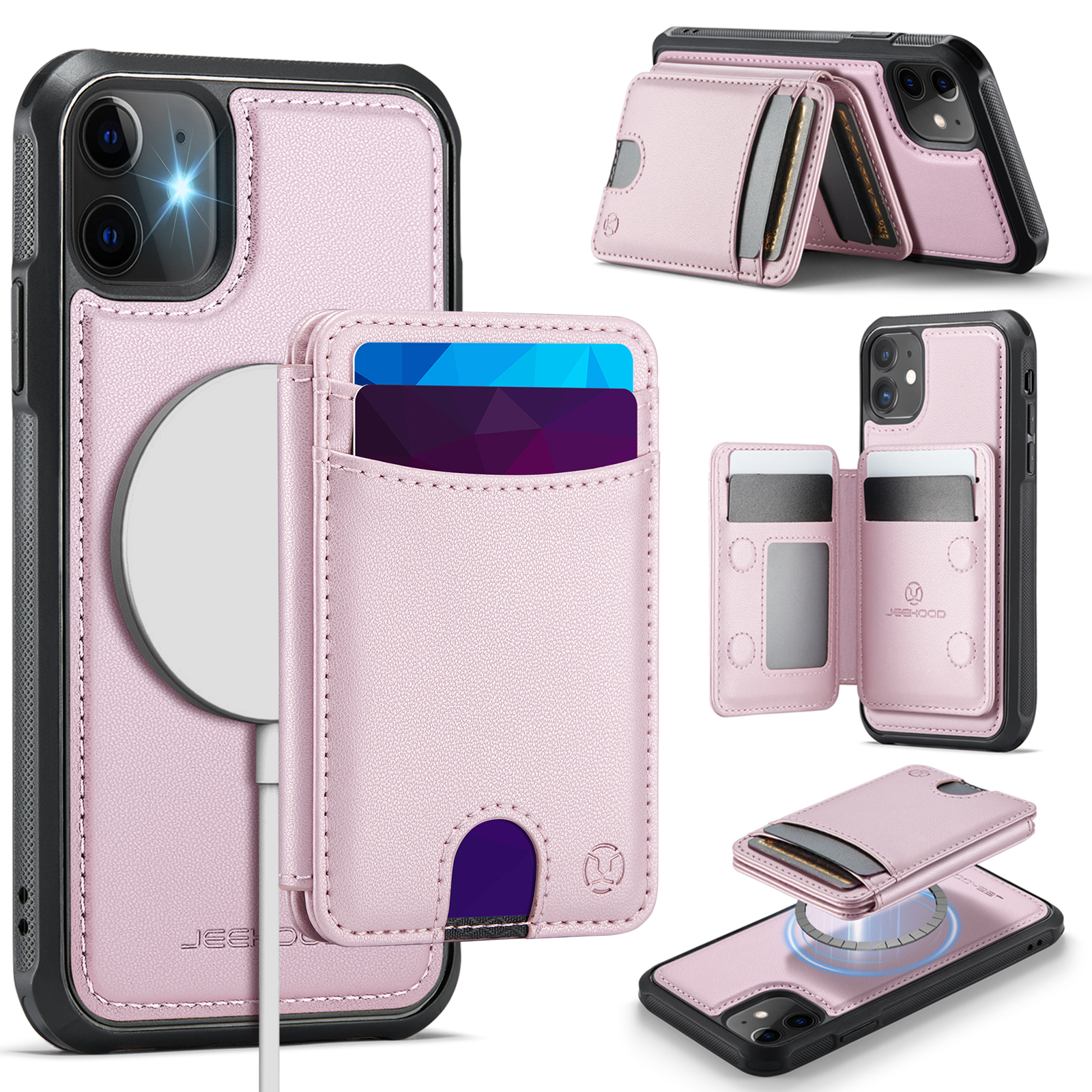 For iPhone 11 Case JEEHOOD J10 Compatible with MagSafe Leather Back Phone Cover with Detachable Card Holder Kickstand - Pink