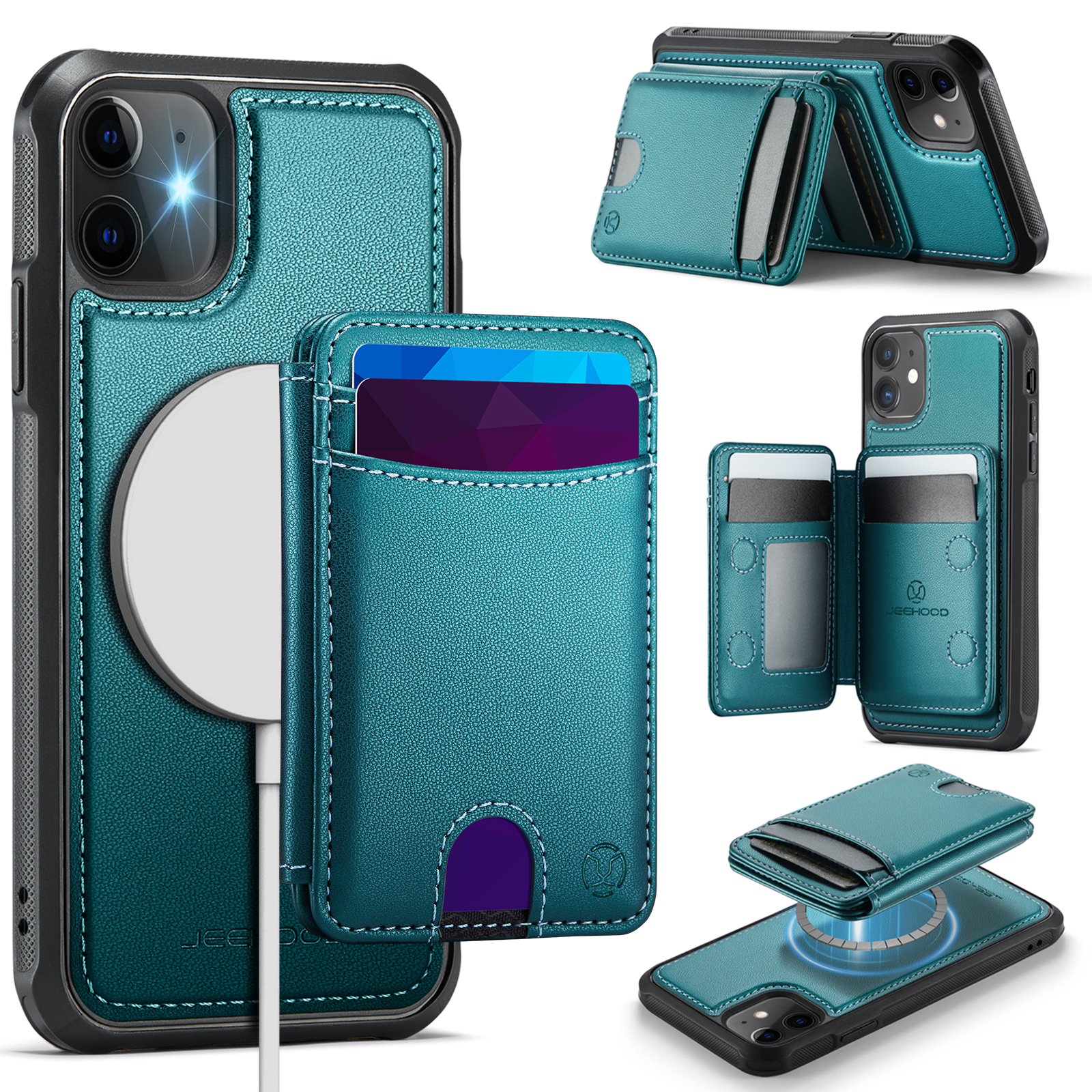 For iPhone 11 Case JEEHOOD J10 Compatible with MagSafe Leather Back Phone Cover with Detachable Card Holder Kickstand - Blue