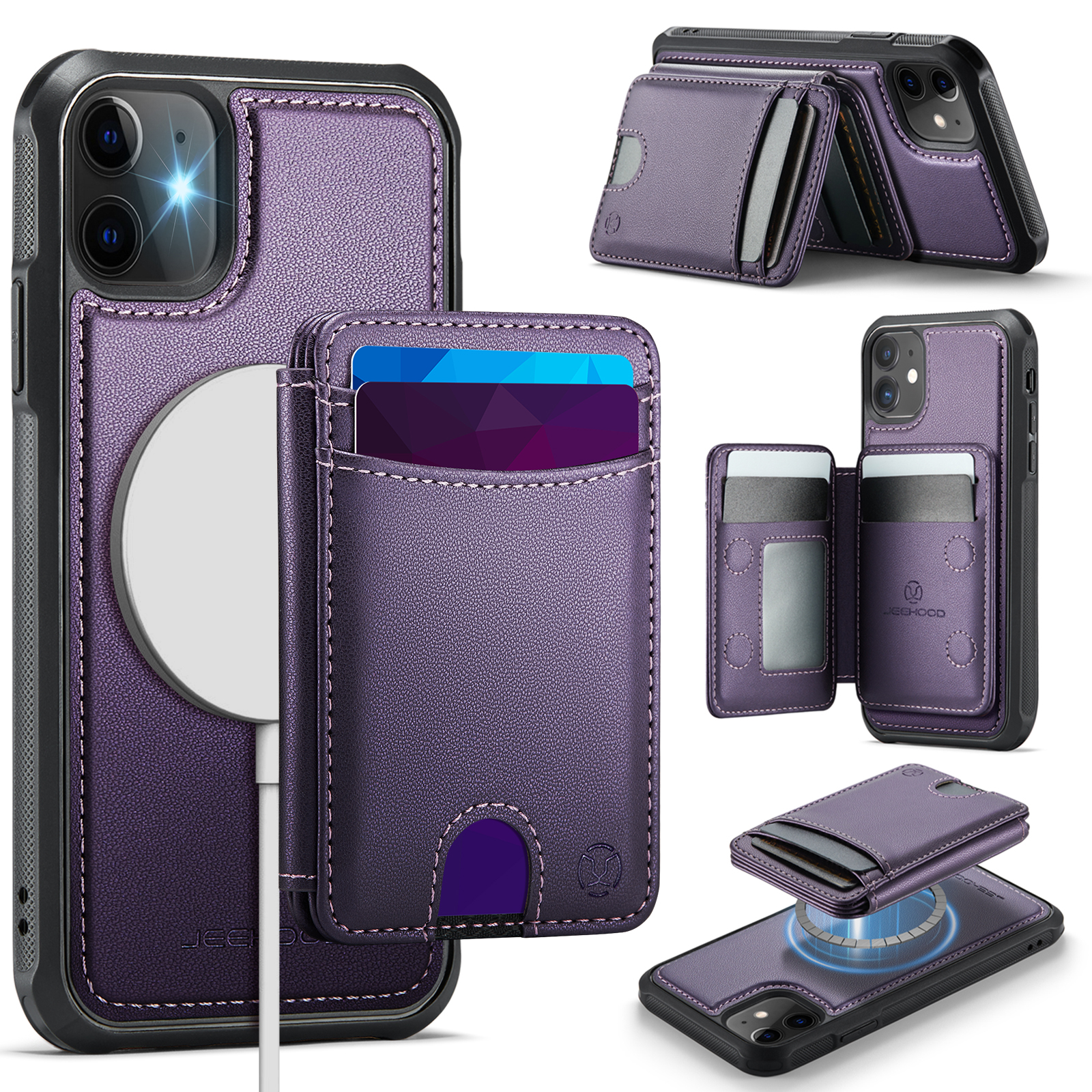 For iPhone 11 Case JEEHOOD J10 Compatible with MagSafe Leather Back Phone Cover with Detachable Card Holder Kickstand - Purple