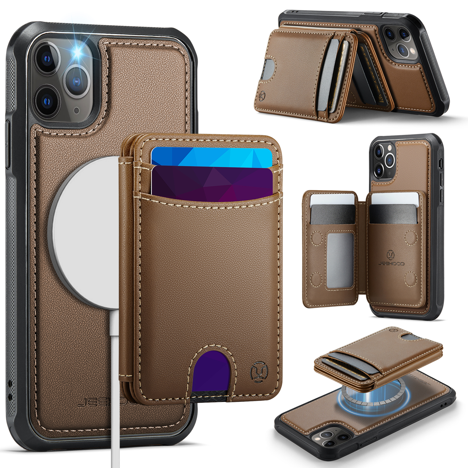 For iPhone 11 Pro Case JEEHOOD J10  Compatible with MagSafe Leather Back Phone Cover with Detachable Card Holder Kickstand - Brown