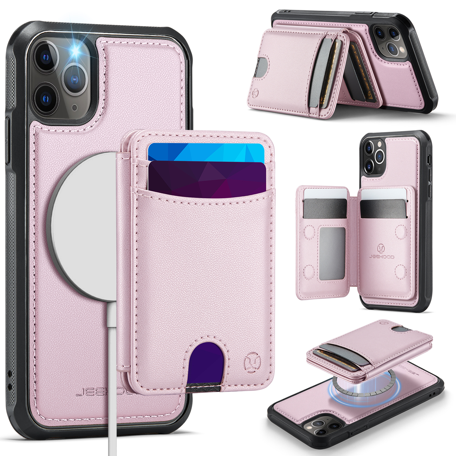 For iPhone 11 Pro Case JEEHOOD J10  Compatible with MagSafe Leather Back Phone Cover with Detachable Card Holder Kickstand - Pink