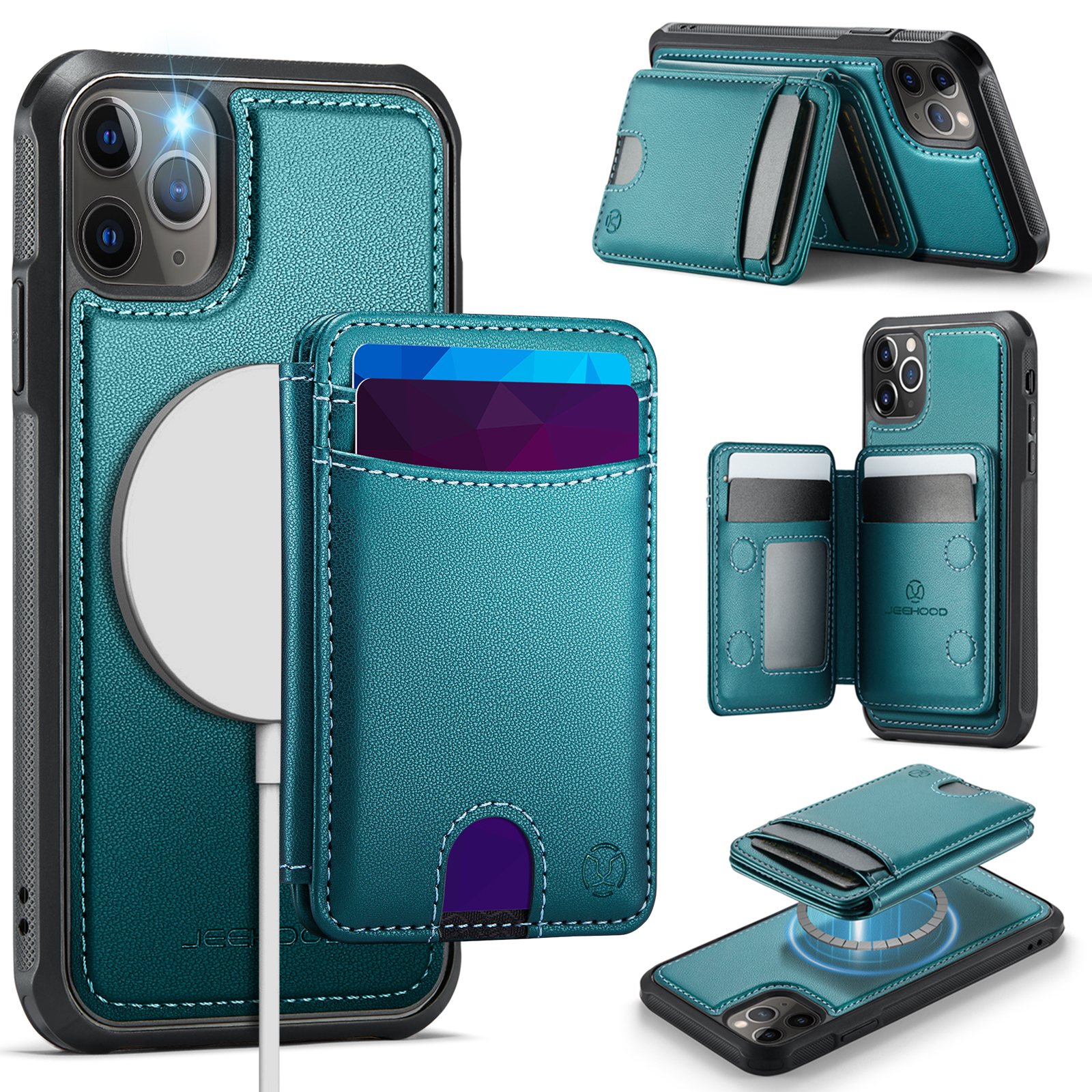 For iPhone 11 Pro Case JEEHOOD J10  Compatible with MagSafe Leather Back Phone Cover with Detachable Card Holder Kickstand - Blue