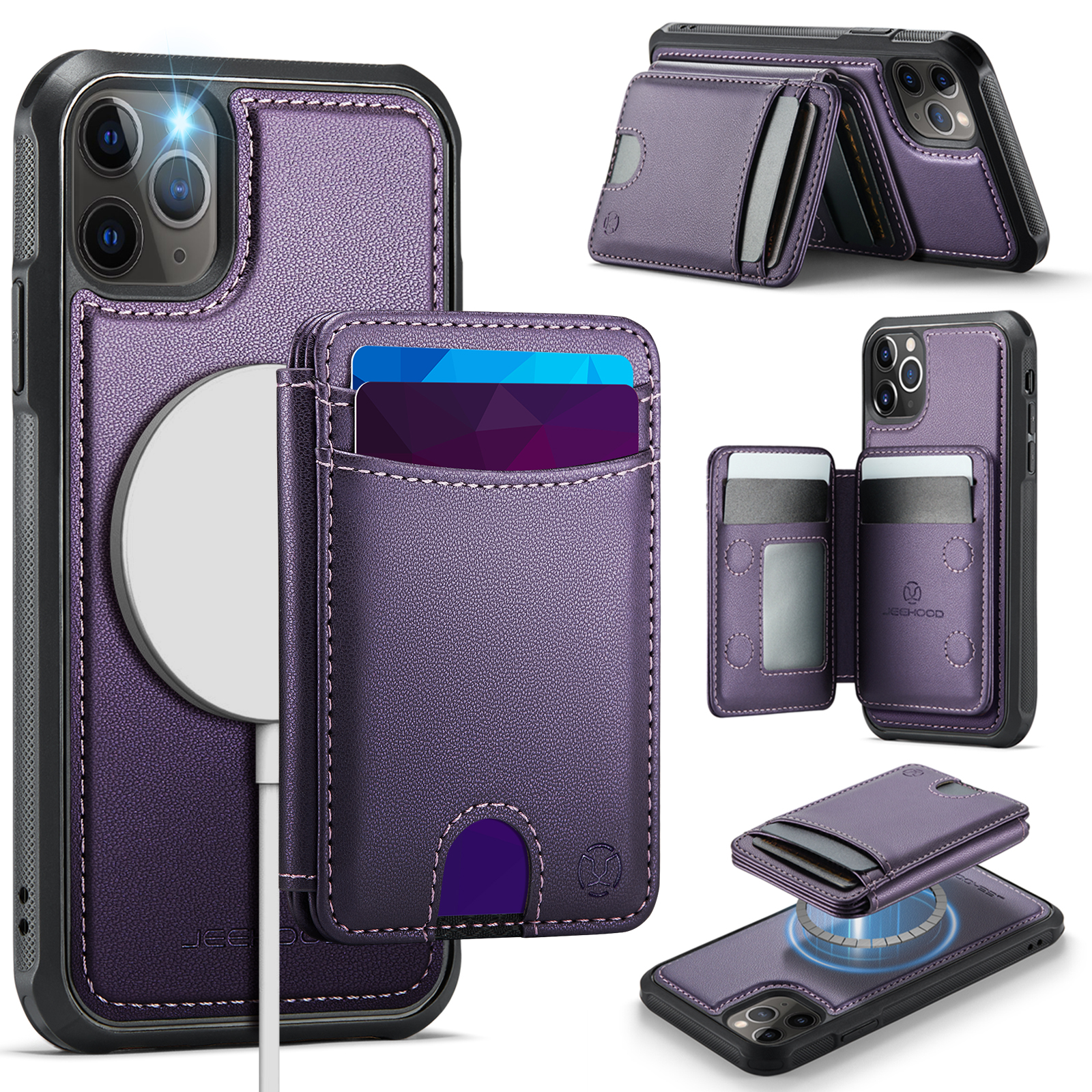 For iPhone 11 Pro Case JEEHOOD J10  Compatible with MagSafe Leather Back Phone Cover with Detachable Card Holder Kickstand - Purple