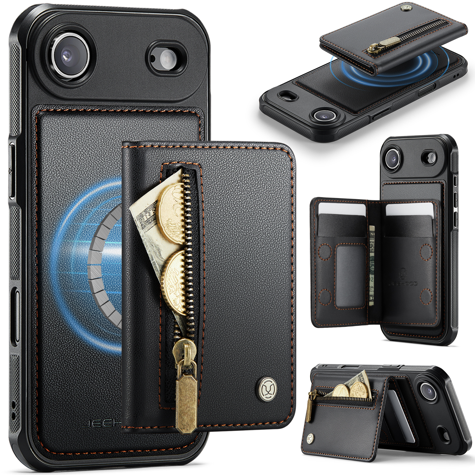 For iPhone Air Case JEEHOOD J12 Magnetic  Detachable Zipper Wallet Kickstand Leather Back Cover Compatible with MagSafe - Black