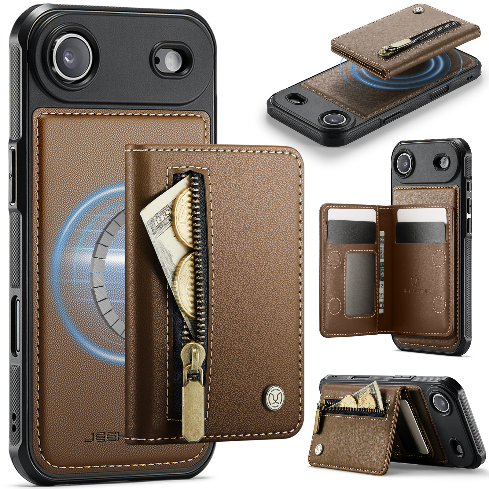 For iPhone Air Case JEEHOOD J12 Magnetic  Detachable Zipper Wallet Kickstand Leather Back Cover Compatible with MagSafe - Brown
