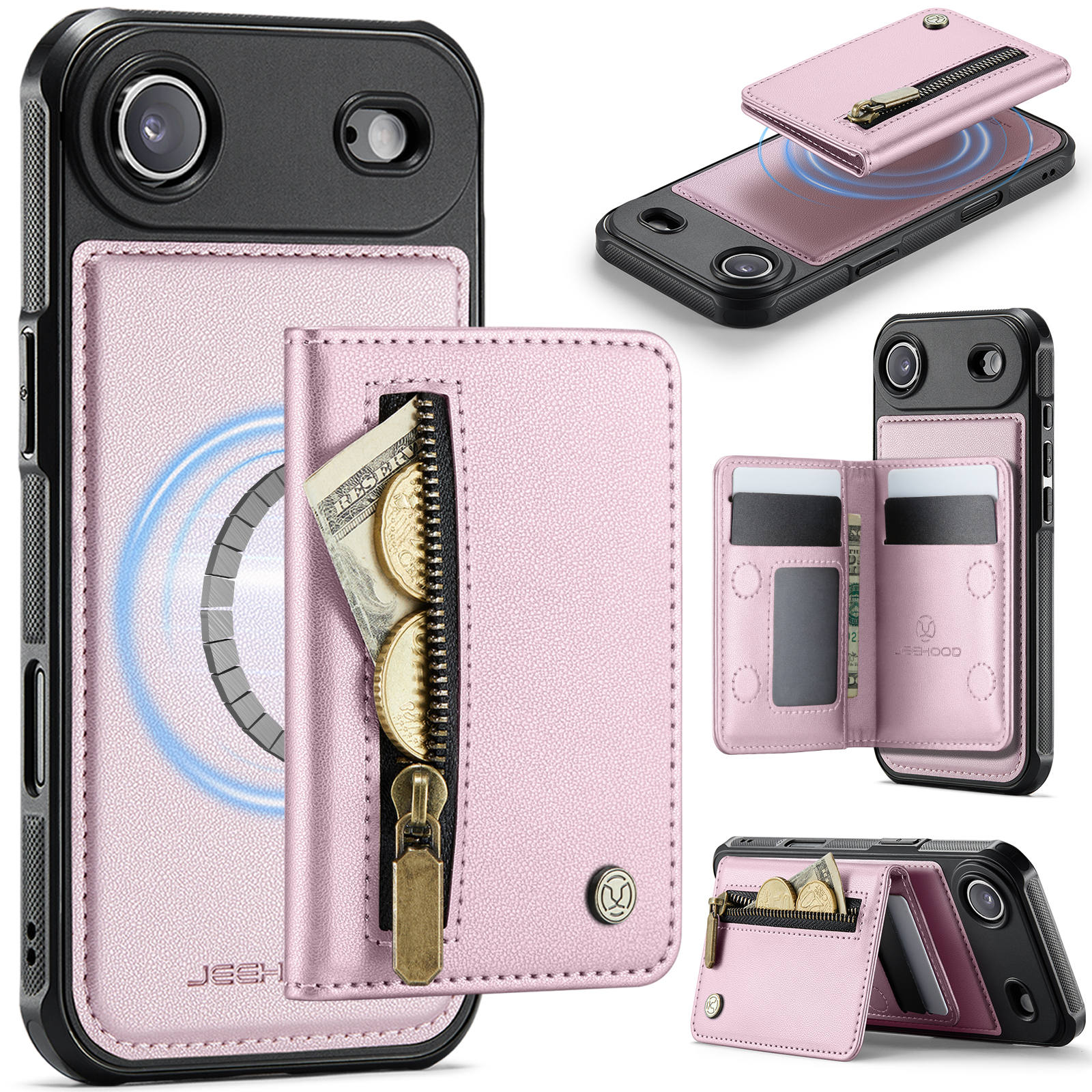 For iPhone Air Case JEEHOOD J12 Magnetic  Detachable Zipper Wallet Kickstand Leather Back Cover Compatible with MagSafe - Pink