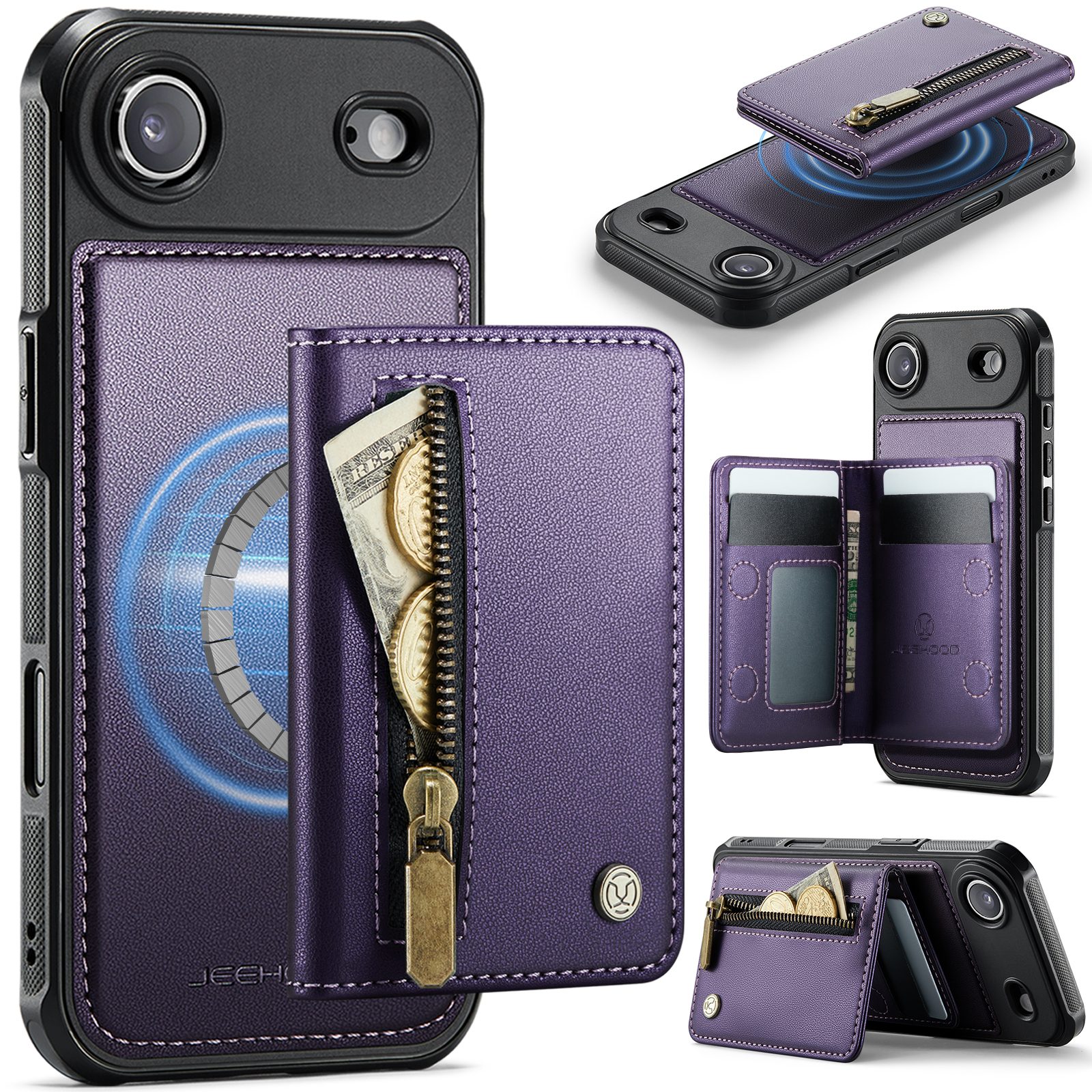 For iPhone Air Case JEEHOOD J12 Magnetic  Detachable Zipper Wallet Kickstand Leather Back Cover Compatible with MagSafe - Purple