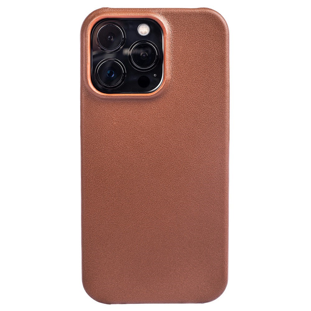 For iPhone 16 Pro Case Nappa Texture Genuine Cow Leather + PC Phone Cover - Brown