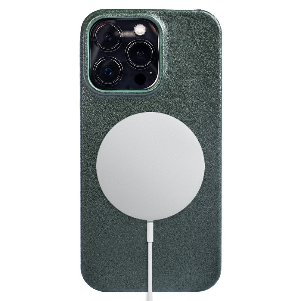 For iPhone 16 Pro Case Compatible with MagSafe Nappa Texture Genuine Cow Leather + PC Phone Cover - Dark Green