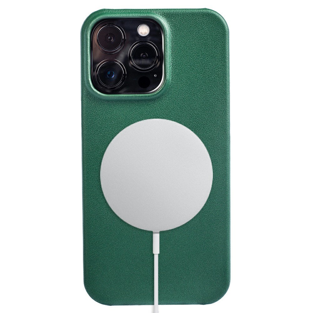 For iPhone 16 Pro Case Compatible with MagSafe Nappa Texture Genuine Cow Leather + PC Phone Cover - Green